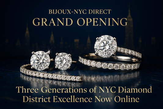 Bijoux-NYC Direct grand opening banner featuring luxurious sparkling diamond jewelry with NYC Diamond District elements, representing exclusive partnership with private 3-generation jewelers serving continental United States customers