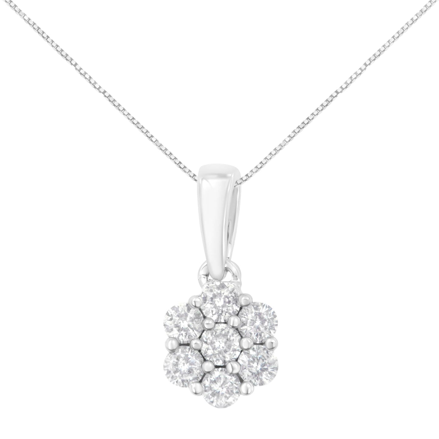 14K White Gold 1/2 cttw Prong Set Round-Cut Diamond 7 Stone Floral Cluster 18" Pendant Necklace (H-I Color, I1-I2 Clarity) - Bijoux-NYC Direct