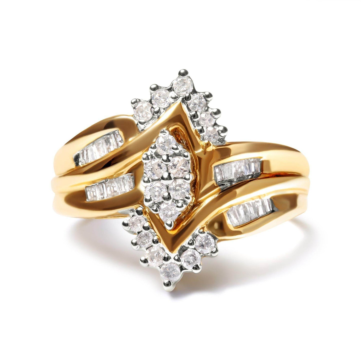 10K Two-Toned 1/2 Cttw Round And Baguette-Cut Composite Pear Head Diamond Ring (H-I Color, I2-I3 Clarity) - Bijoux-NYC Direct