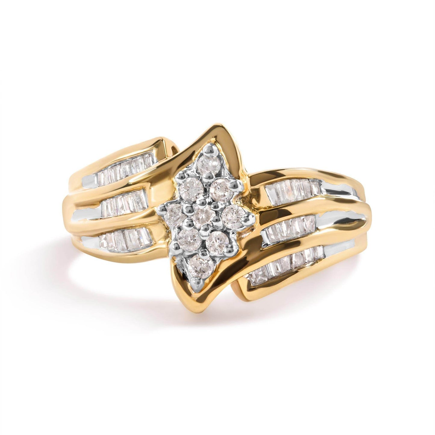 10K Yellow Gold 1/2 Cttw Round And Baguette-cut Diamond Cluster Head and Channel Set Shank Ring (H-I Color, I1-I2 Clarity) - Bijoux-NYC Direct