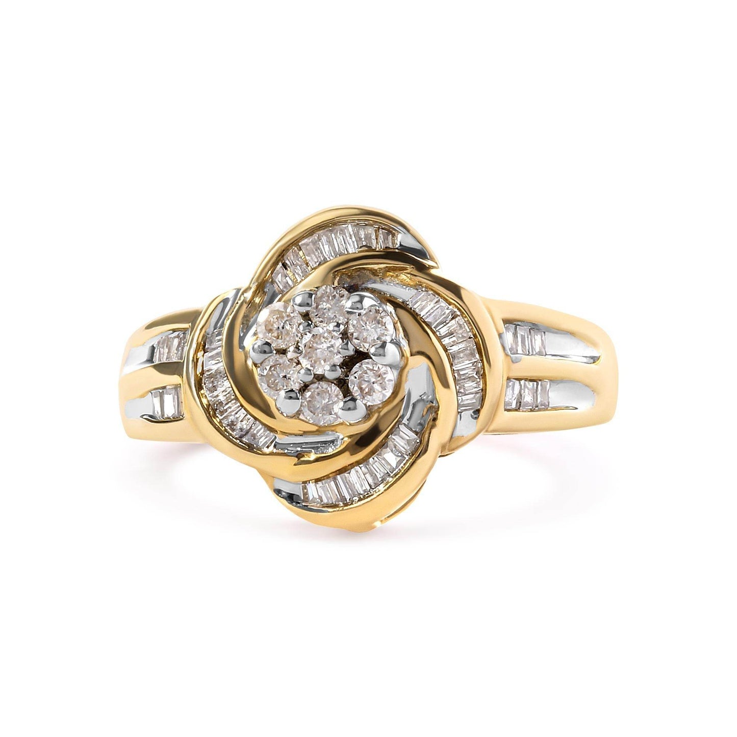 10K Yellow Gold 1/2 Cttw Round and Baguette Diamond Flower Swirl Cocktail Ring (I-J Color, SI2-I1 Clarity) - Bijoux-NYC Direct