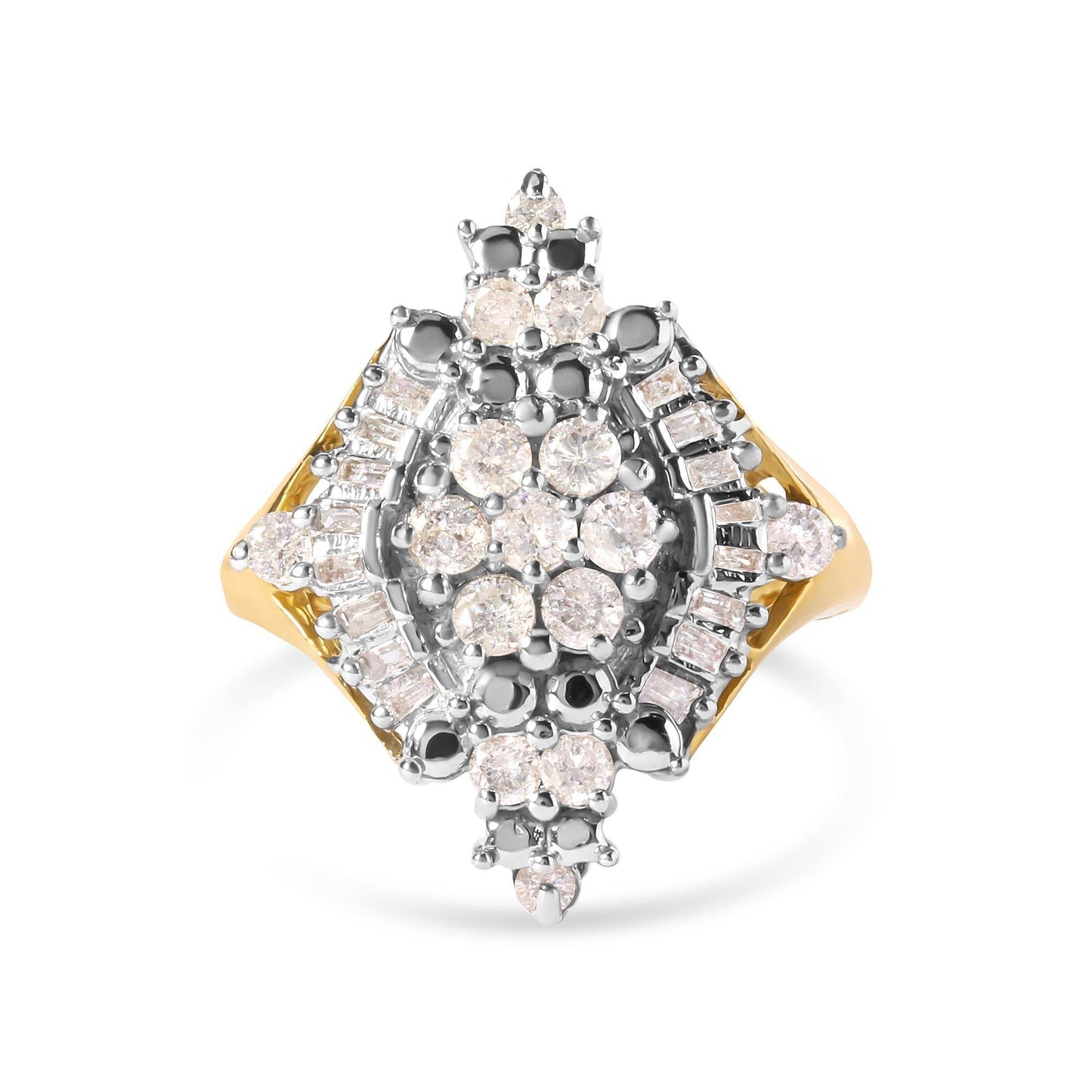 10K Yellow Gold 1 Cttw Round and Baguette cut Diamond Cluster and Rhombus Halo Ring (H-I Color, I1-I2 Clarity) - Bijoux-NYC Direct