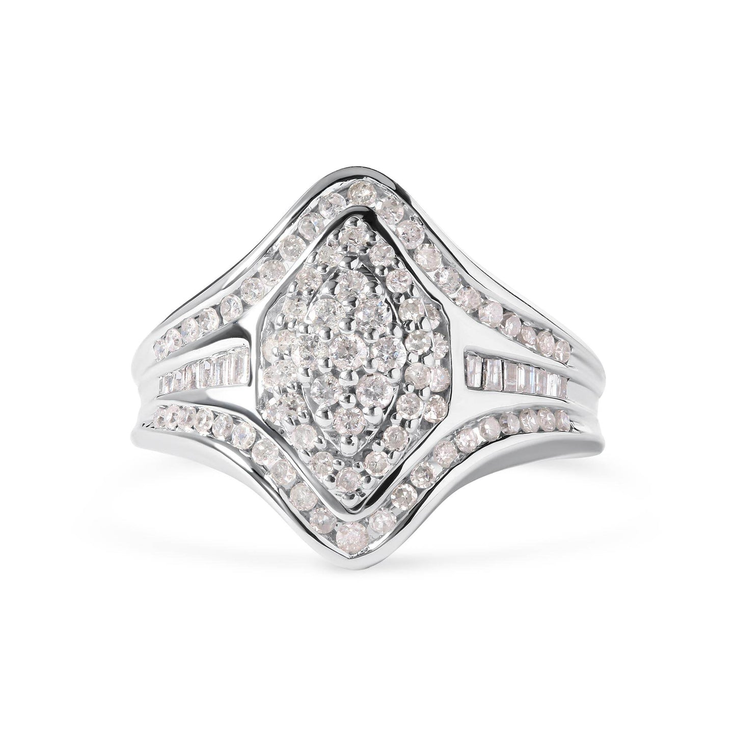 14K White Gold 3/4 Cttw Round and Baguette cut Diamond Cluster Ring (H-I Color, I1-I2 Clarity) - Bijoux-NYC Direct
