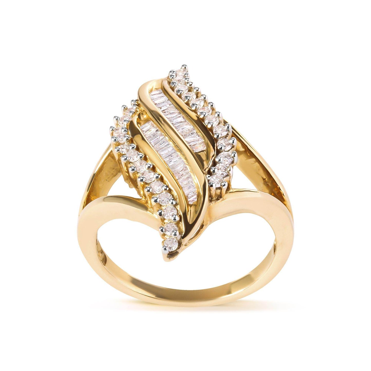 10K Yellow Gold 1/2 Cttw Round and Baguette Cut Diamond Cocktail Ring (H-I Color, I1-I2 Clarity) - Bijoux-NYC Direct