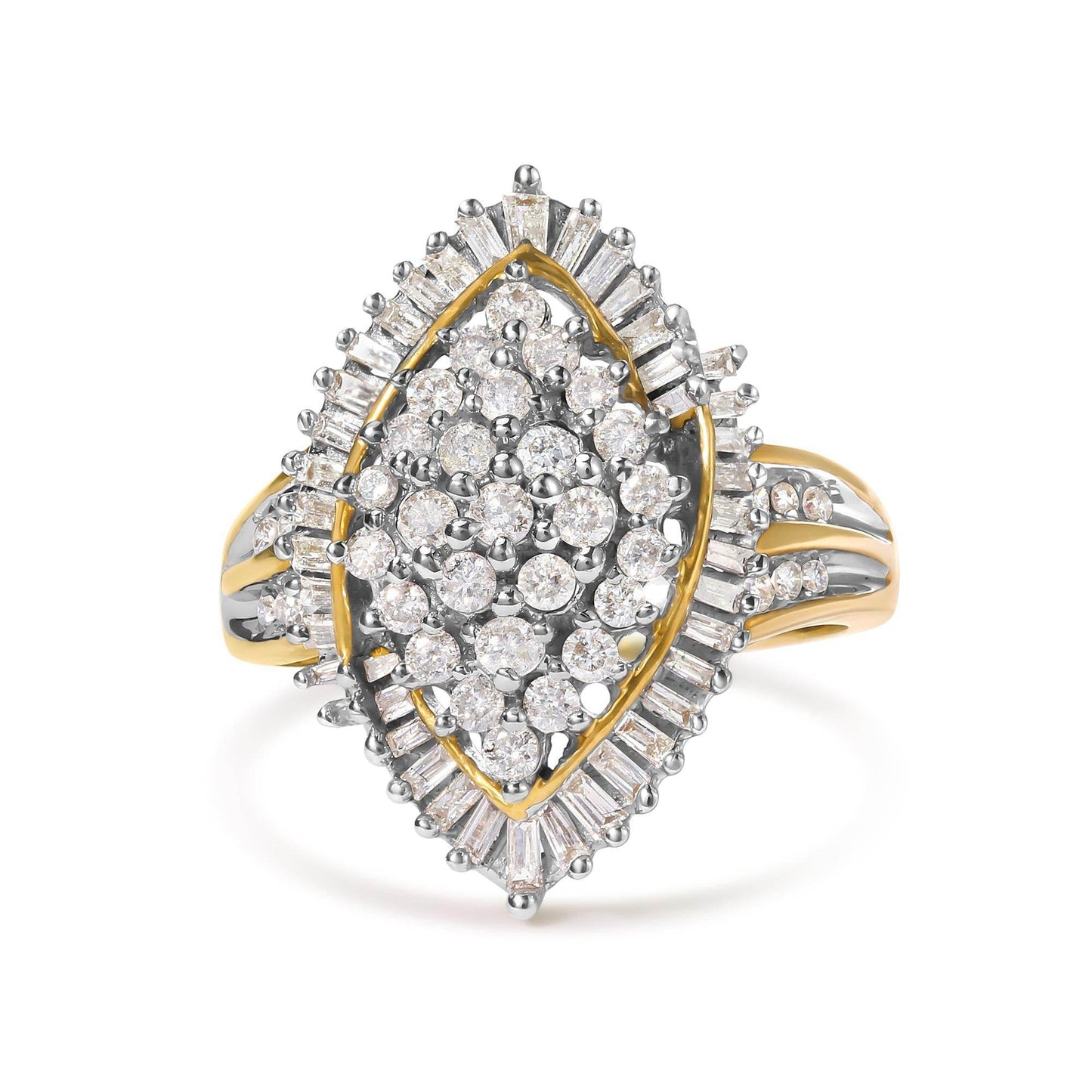 10K Yellow Gold 1.0 Cttw Round and Baguette-Cut Diamond Cluster Ring (I-J Color, SI2-I1 Clarity) - Bijoux-NYC Direct