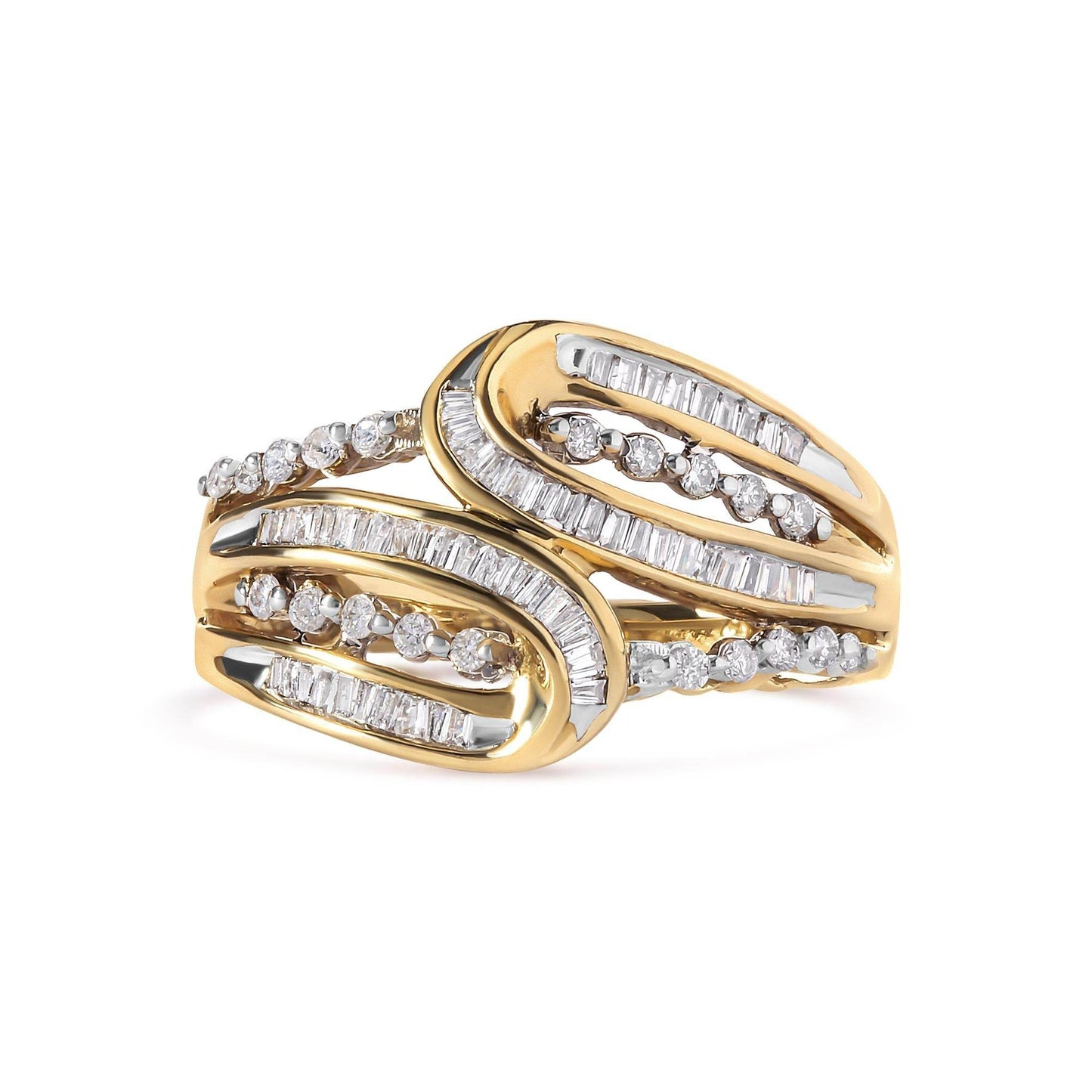10K Yellow Gold 1/2 Cttw Round and Baguette cut Diamond Open Space Bypass Ring (H-I Color, SI2-I1 Clarity) - Bijoux-NYC Direct