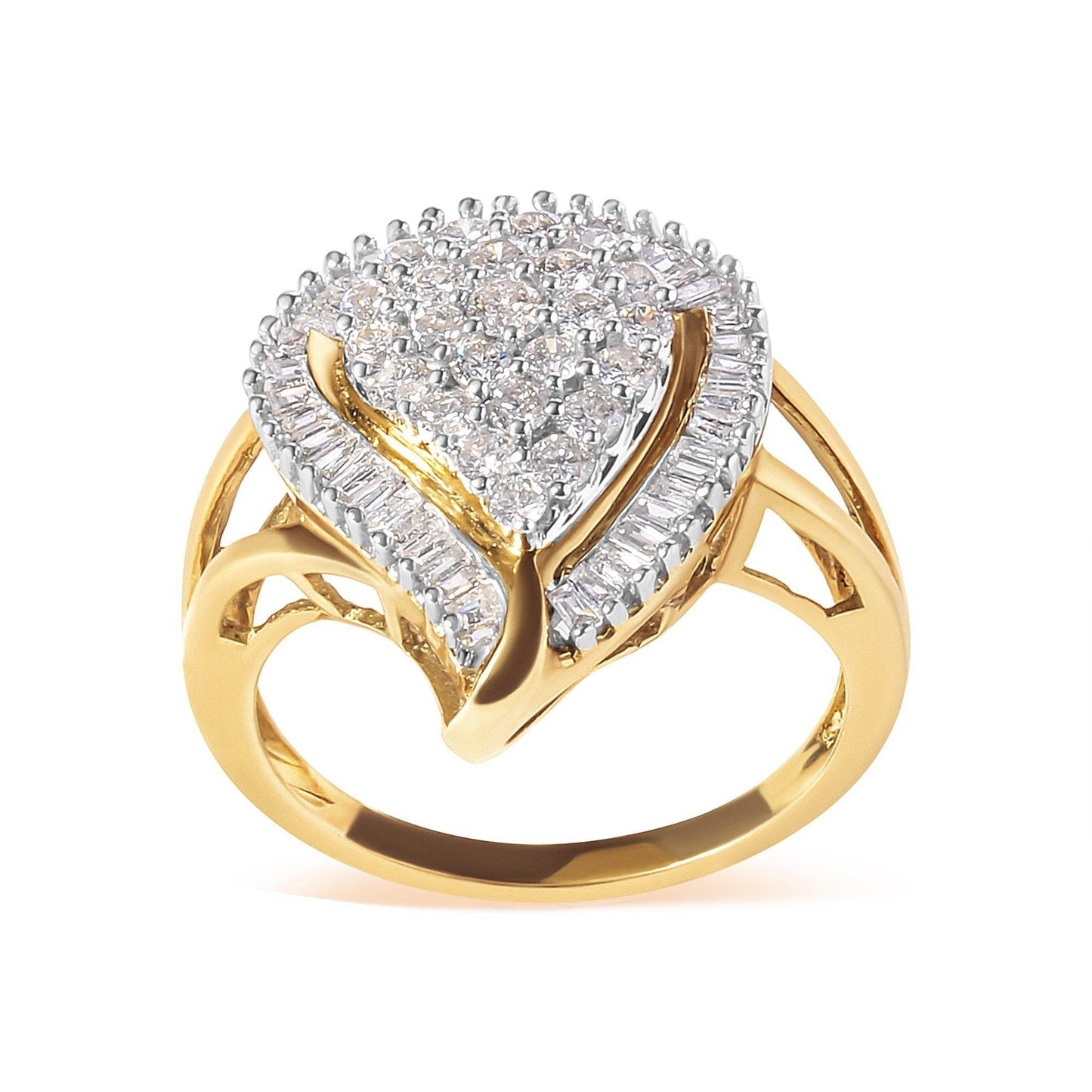 10K Yellow Gold 1 Cttw Round and Baguette Cut Diamond Ballerina Cluster Ring (H-I Color, SI2-I1 Clarity) - Bijoux-NYC Direct