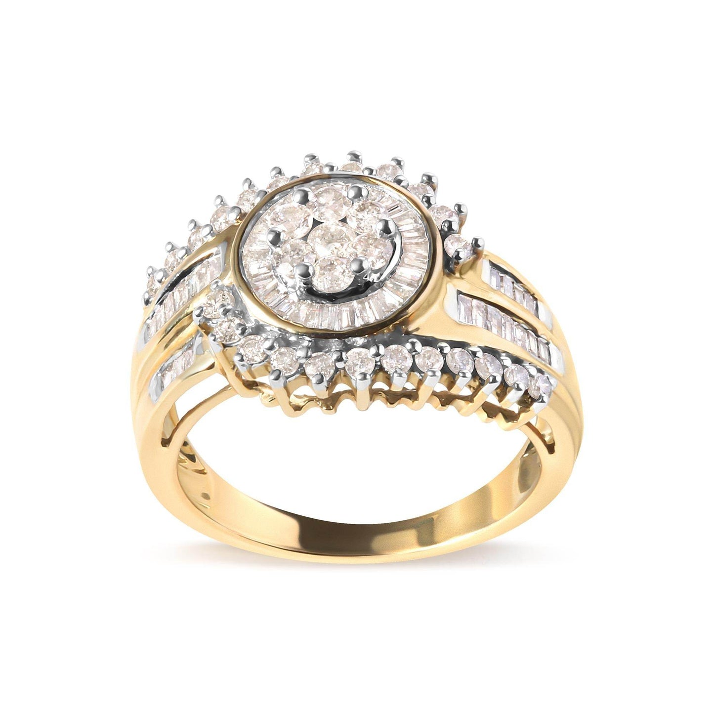 10K Yellow Gold 1 Cttw Round and Baguette cut Diamond Cluster Swirl Band Ring (H-I Color, I1-I2 Clarity) - Bijoux-NYC Direct