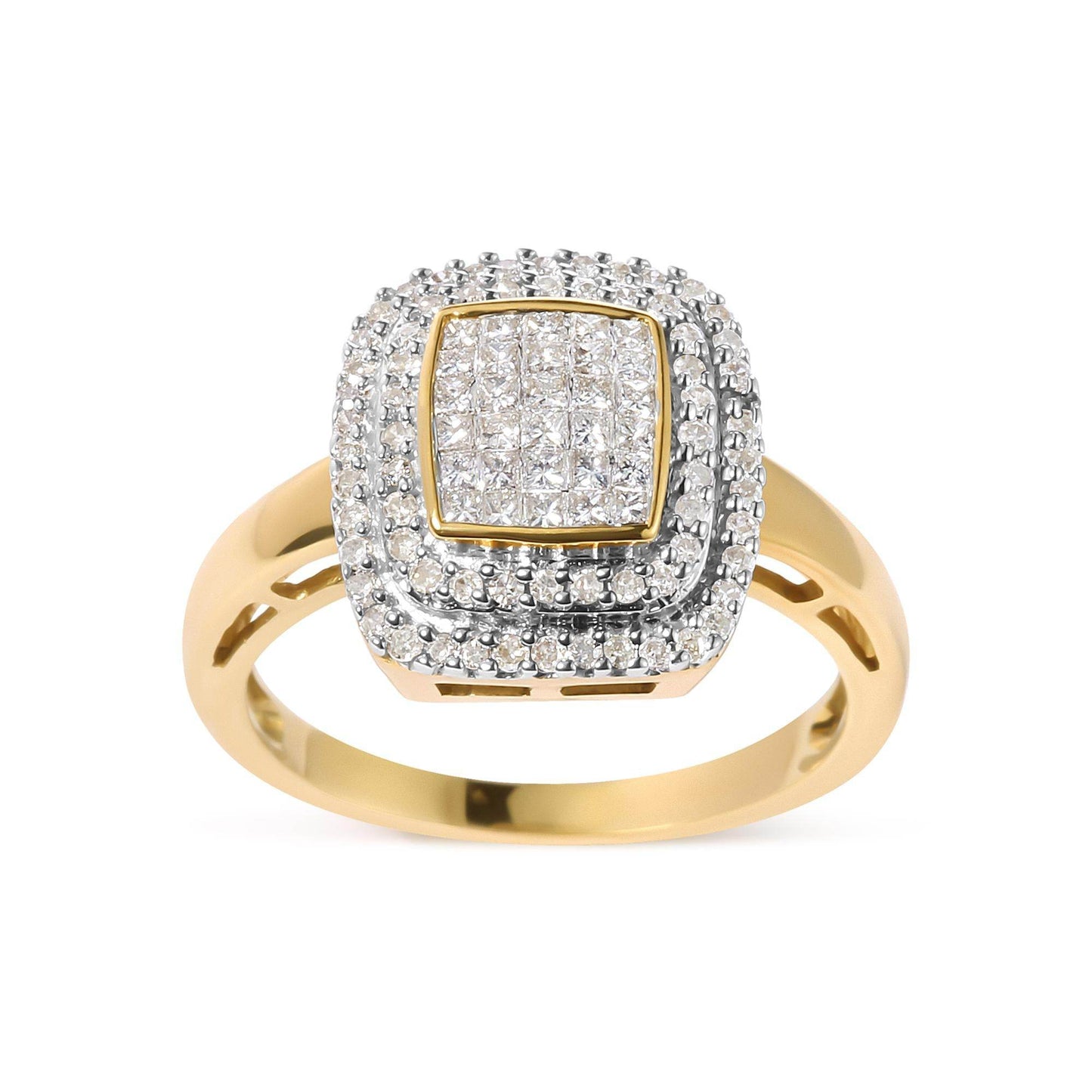 10K Yellow Gold 1/2 cttw Round and Princess Diamond Composite Head and Halo Ring (H-I Color, SI1-SI2 Clarity) - Bijoux-NYC Direct