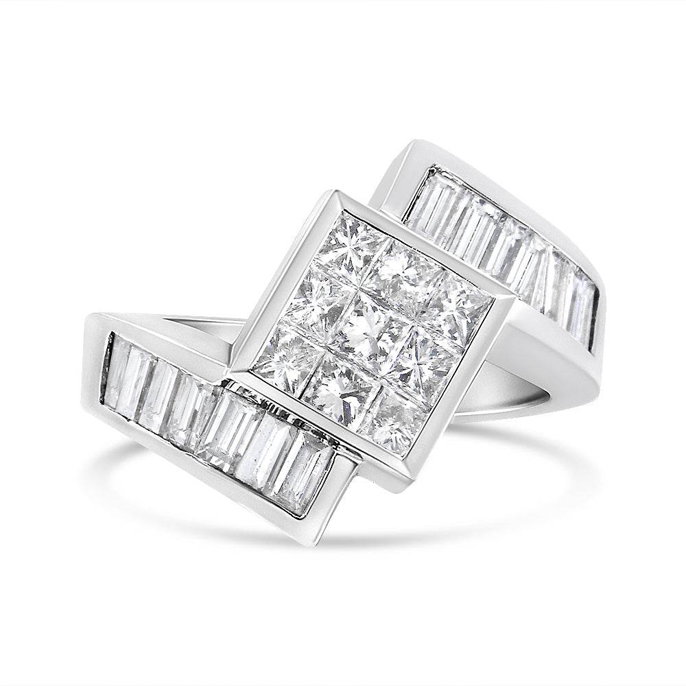14K White Gold 2 1/5 Cttw Invisible-Set Princess and Channel-Set Baguette Diamond Bypass Kite-Set Ring (G-H Color, VS2-SI1 Clarity) - Bijoux-NYC Direct