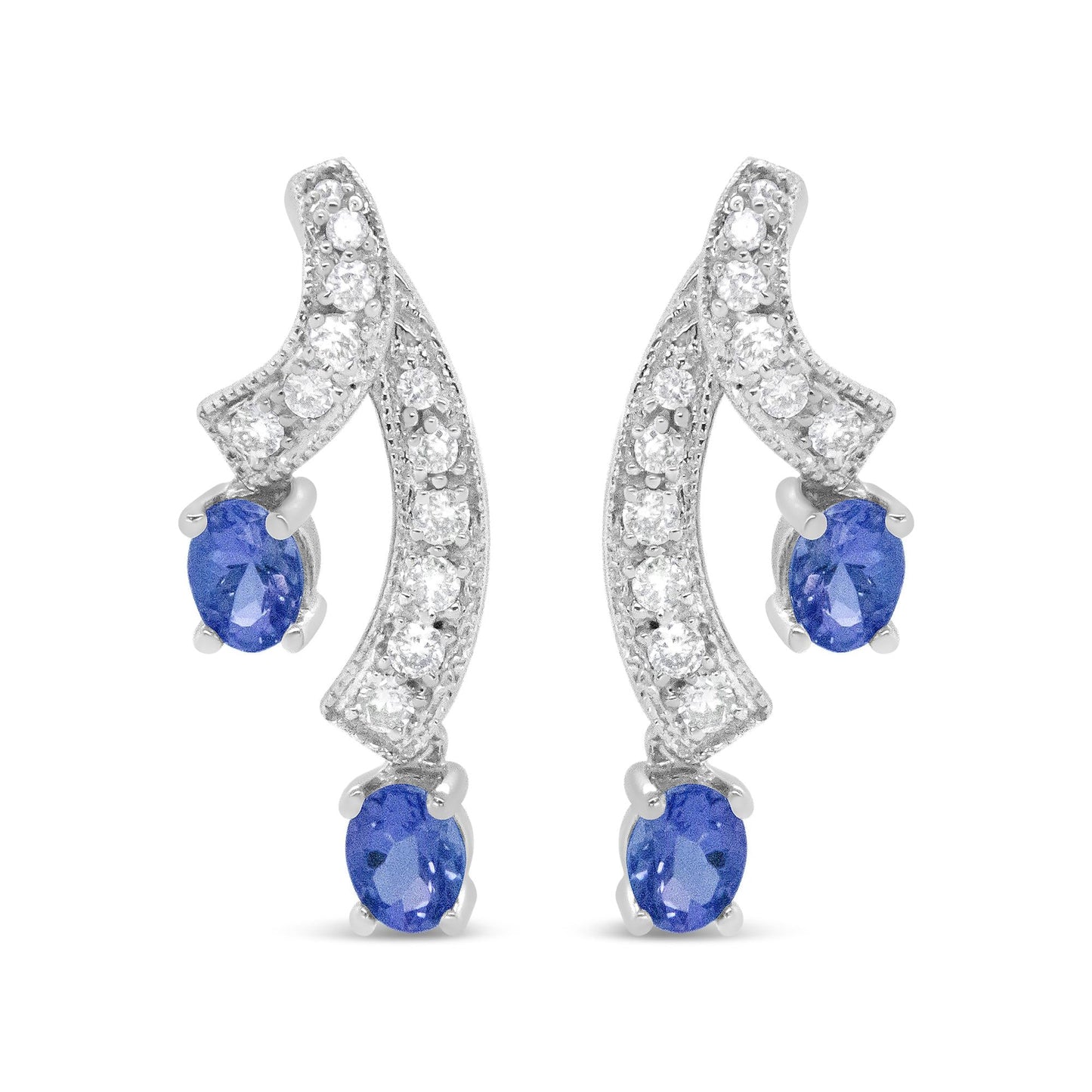 14K White Gold 4x3MM Oval Shaped Natural Blue Tanzanite Gemstone and 1/5 Cttw Diamond Double 3/4" Inch Drop Stud Earrings (H-I Color, VS1-VS2 Clarity) - Bijoux-NYC Direct