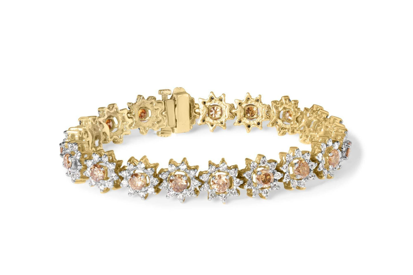 14K Yellow Gold 8.00 Cttw Champagne Diamond Floral Cluster Halo Link Bracelet (H-I Color, I1-I2 Clarity) - Bijoux-NYC Direct