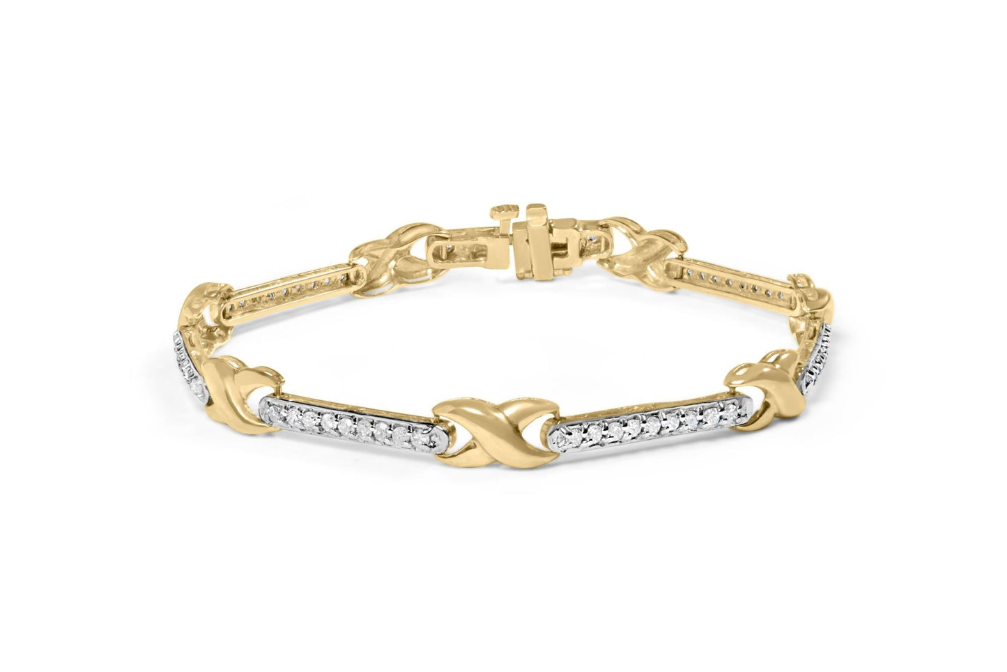 10K Yellow Gold 1.00 Cttw Pave Set Diamond Bar and X-Link 7" Bracelet (I-J Color, I3 Quality)