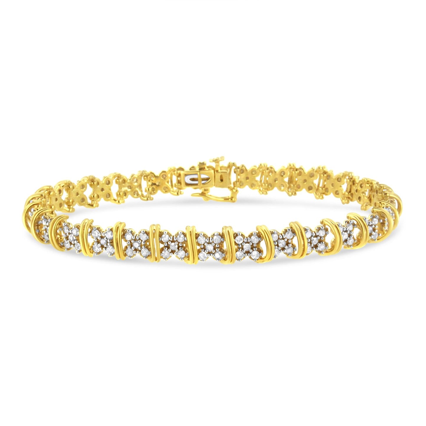 10K Yellow Gold Plated .925 Sterling Silver 2.0 Cttw Round Diamond Cluster "X" Shaped Link Bracelet (H-I Color, I3 Clarity) - 7" - Bijoux-NYC Direct