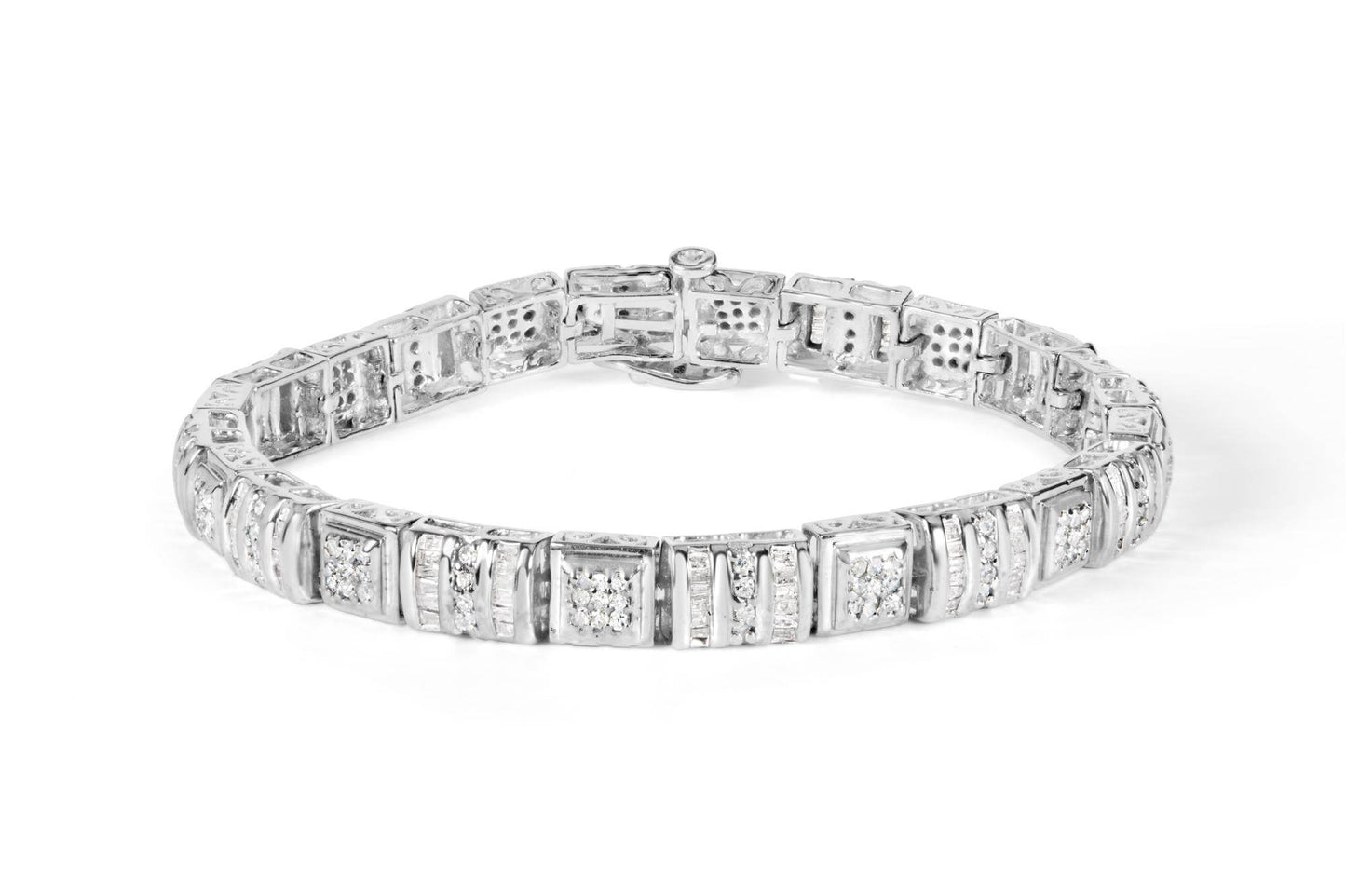 10K White Gold Round and Baguette Cut Diamond Bracelet (2.00 cttw, H-I Color, I2-I3 Clarity) - Bijoux-NYC Direct
