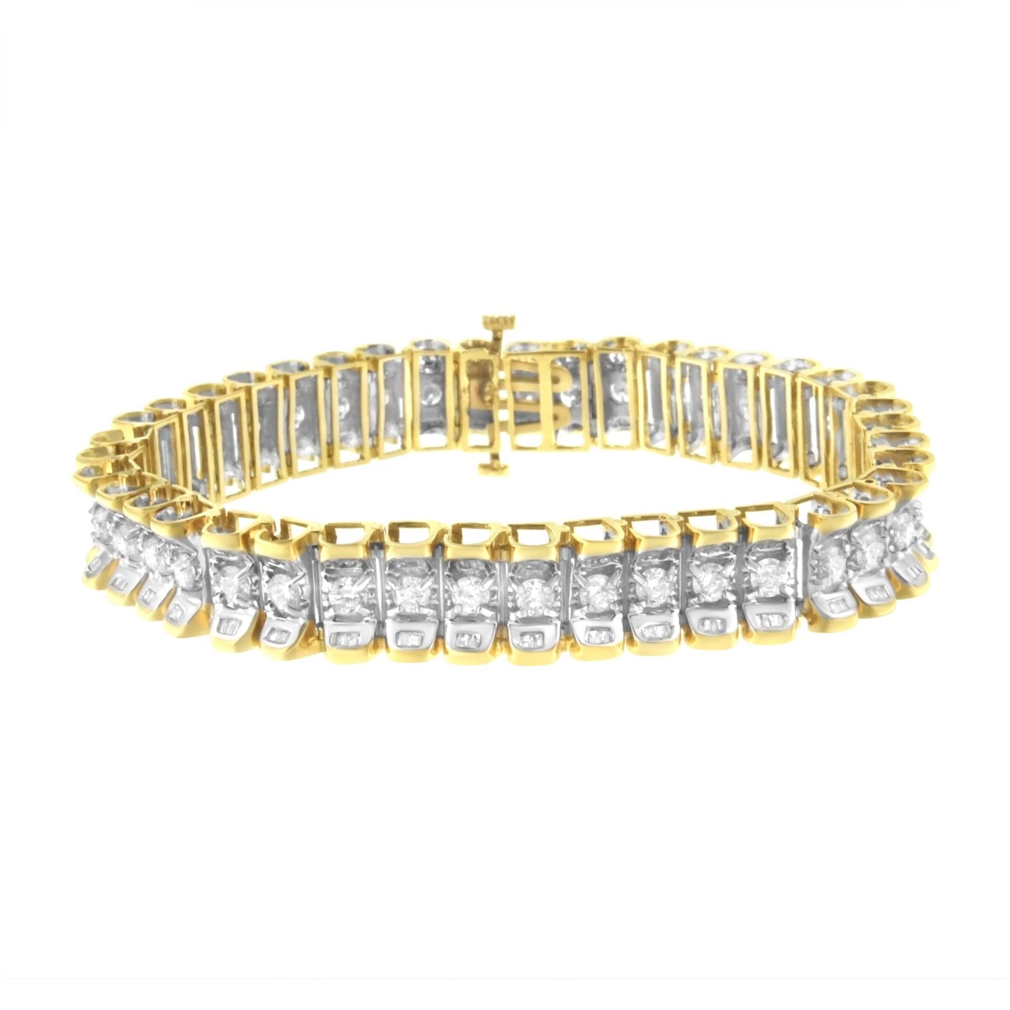 14K Yellow and White Gold 5.0 Cttw Round & Baguette Cut Diamond 7" Reflective Tennis Bracelet (H-I Color, I1-I2 Clarity) - Bijoux-NYC Direct