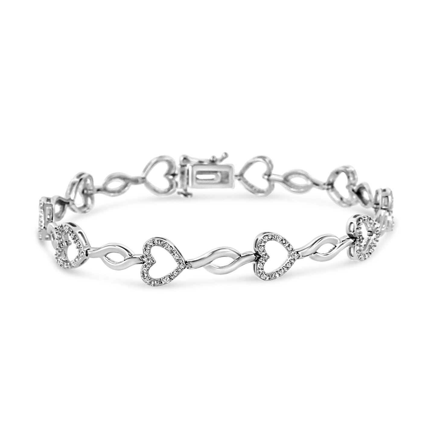.925 Sterling Silver 1/4 Cttw Round-Cut Diamond Alternating Heart and Leaf Link Bracelet (I-J Color, I3 Clarity) - Size 7.25" - Bijoux-NYC Direct