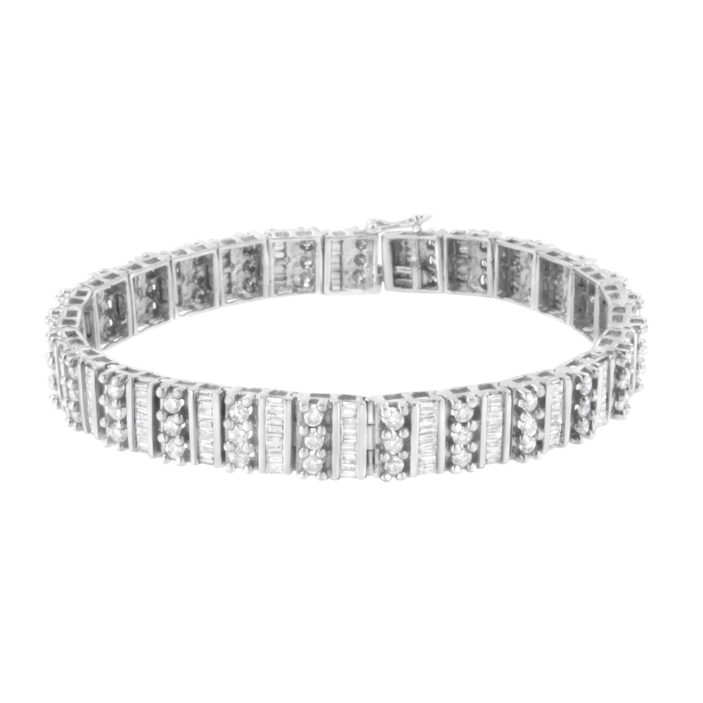 14K White Gold 4 7/8 cttw Baguette & Round Brilliant-Cut Diamond Channel- & Prong-Set Tennis Bracelet (I-J Color, I1-I2 Clarity) - Size 7.25" - Bijoux-NYC Direct