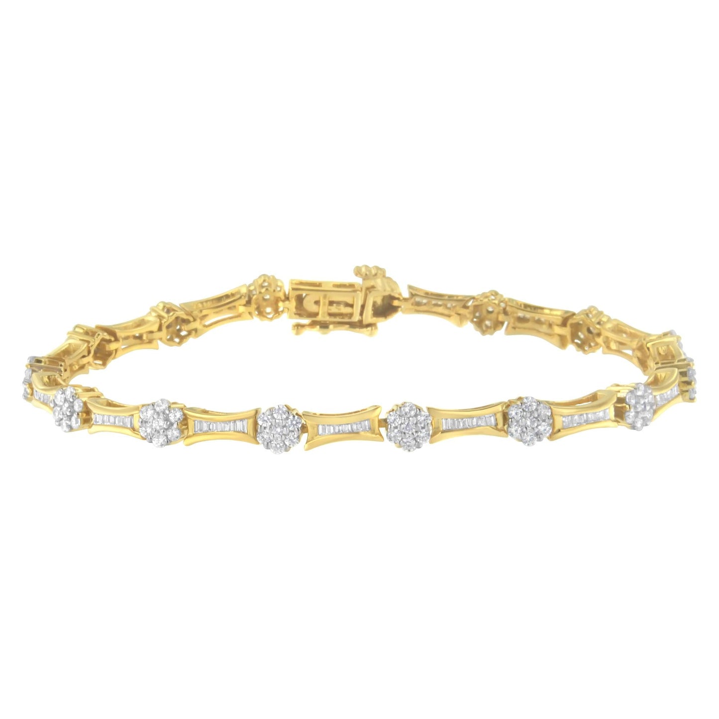 10K Yellow and White Gold 2.00 cttw Round and Baguette-Cut Diamond Link Bracelet (I-J Color, I2-I3 Clarity) - Size 7.25" - Bijoux-NYC Direct