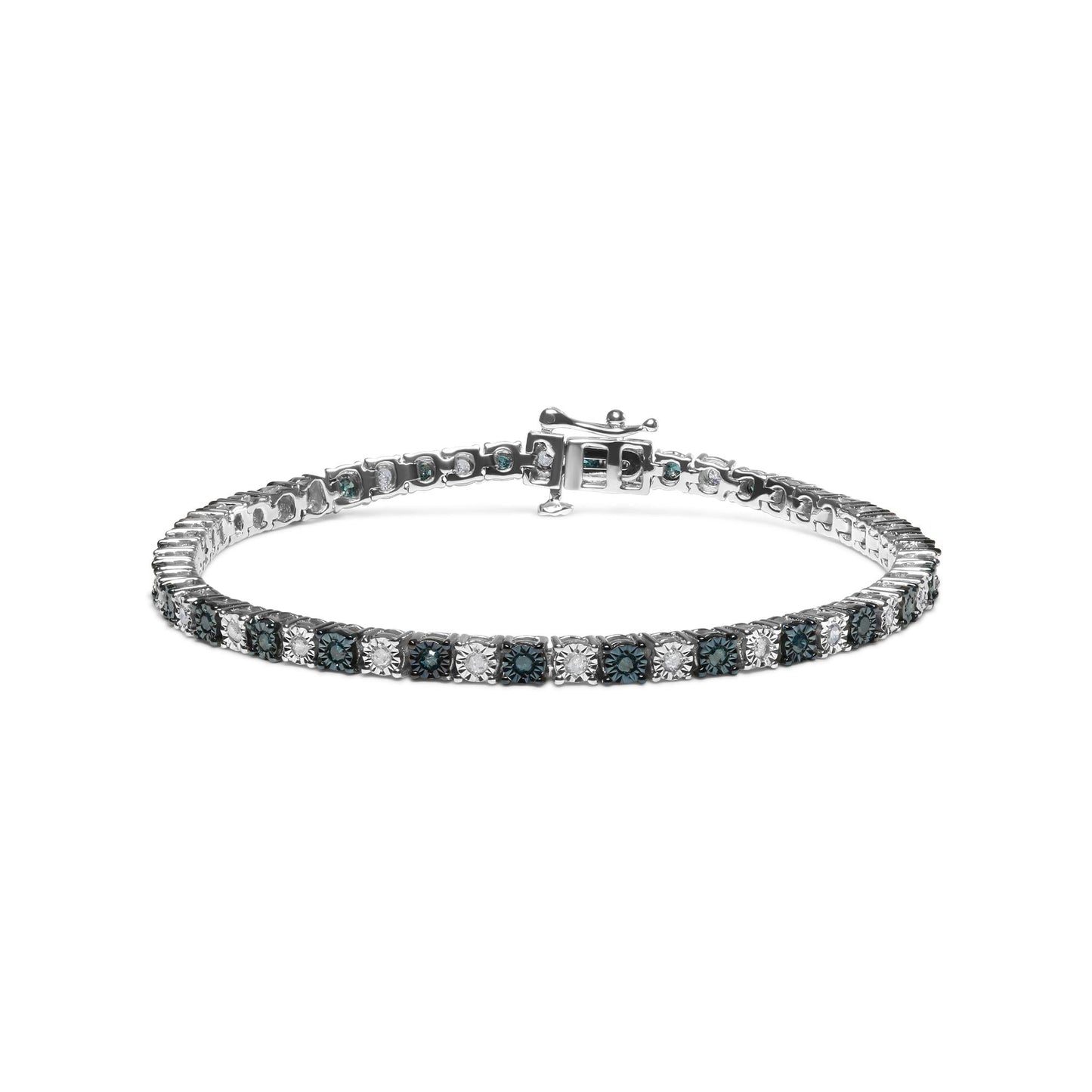 .925 Sterling Silver 1.0 Cttw with Alternating Round White Diamond and Round Treated Blue Diamond Tennis Bracelet (Blue and I-J Color, I3 Clarity) - Size 7" Inches - Bijoux-NYC Direct