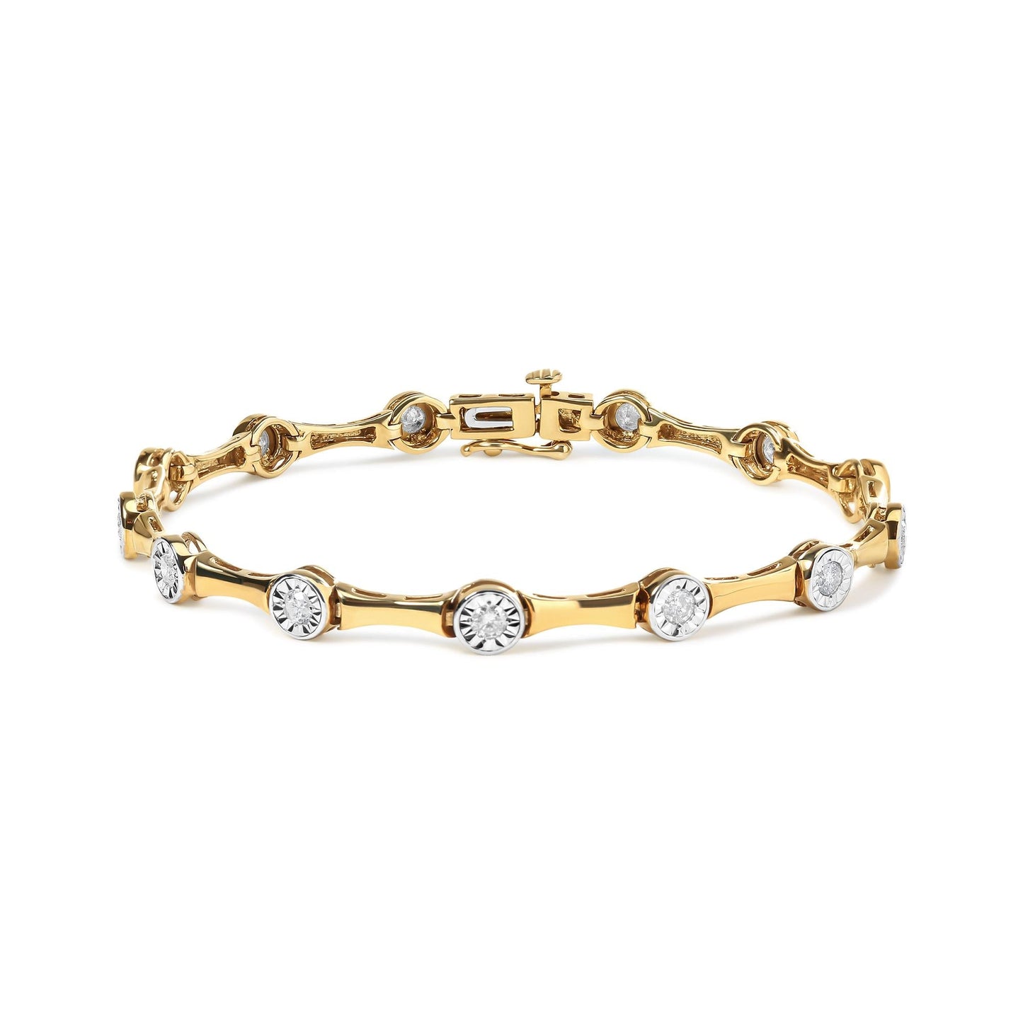 10K Yellow Gold Plated .925 Sterling Silver 1.0 Cttw Miracle Set Diamond Bezel Style Station Link Bracelet (H-I Color, I3 Clarity) - Size 7" - Bijoux-NYC Direct