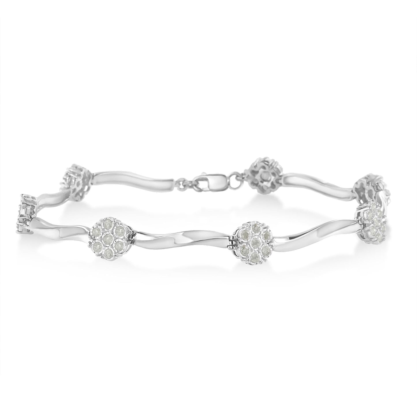 .925 Sterling Silver 1.0 Cttw Diamond Cluster Miracle-Set Station & Twisted Bar 7" Tennis Bracelet (H-I Color, I1-I2 Clarity) - Bijoux-NYC Direct