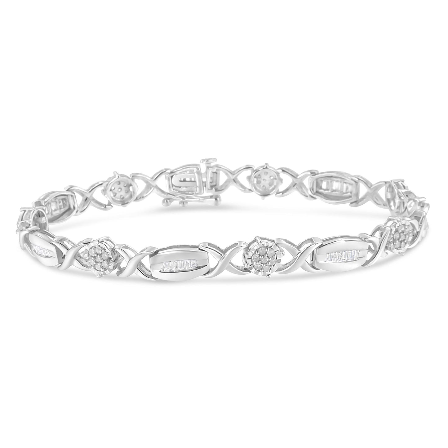 .925 Sterling Silver 1.0 Cttw Round-Cut and Baguette-Cut Diamond X-Link Bracelet (I-J Color, I1-I2 Clarity) - 7" - Bijoux-NYC Direct