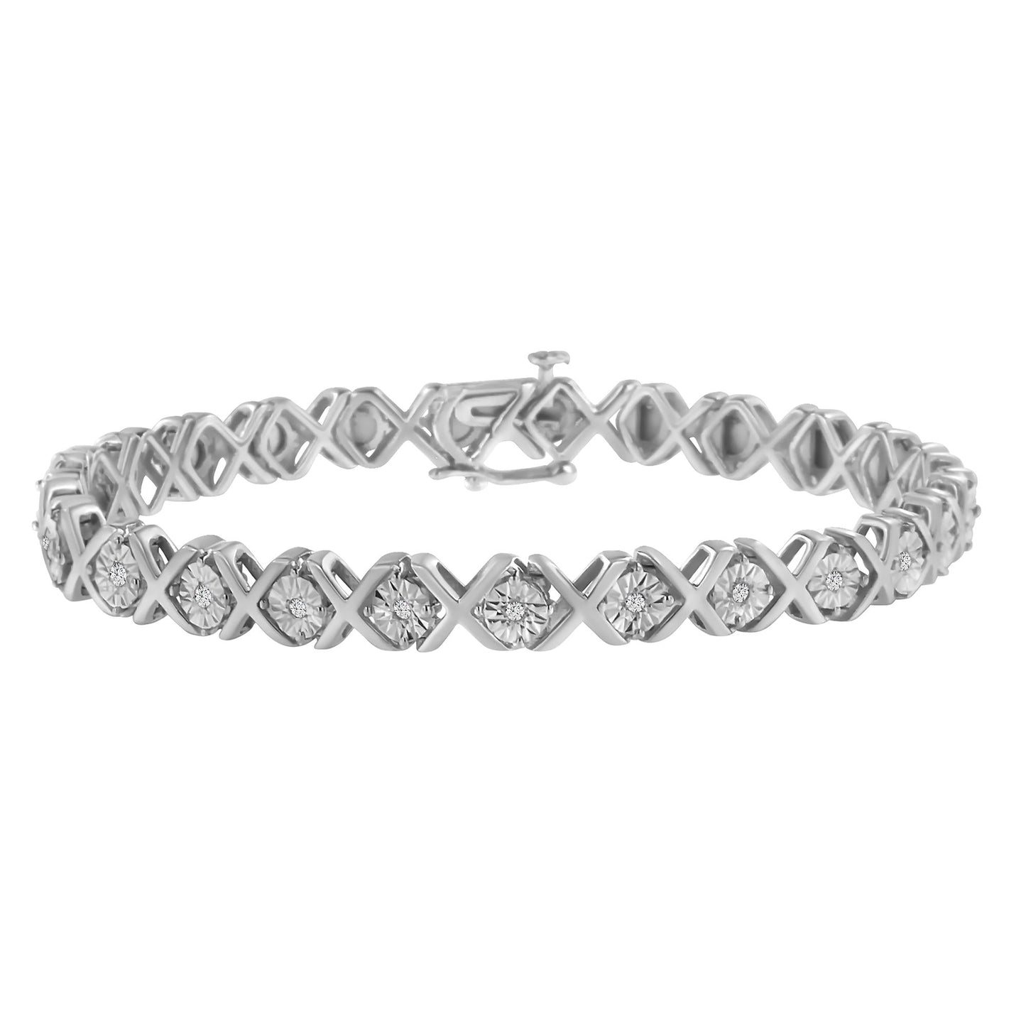 .925 Sterling Silver 1/10 cttw Miracle-Set Round-Cut Diamond "X" Link Tennis Bracelet (I-J color, I2-I3 clarity) - 7.25" - Bijoux-NYC Direct