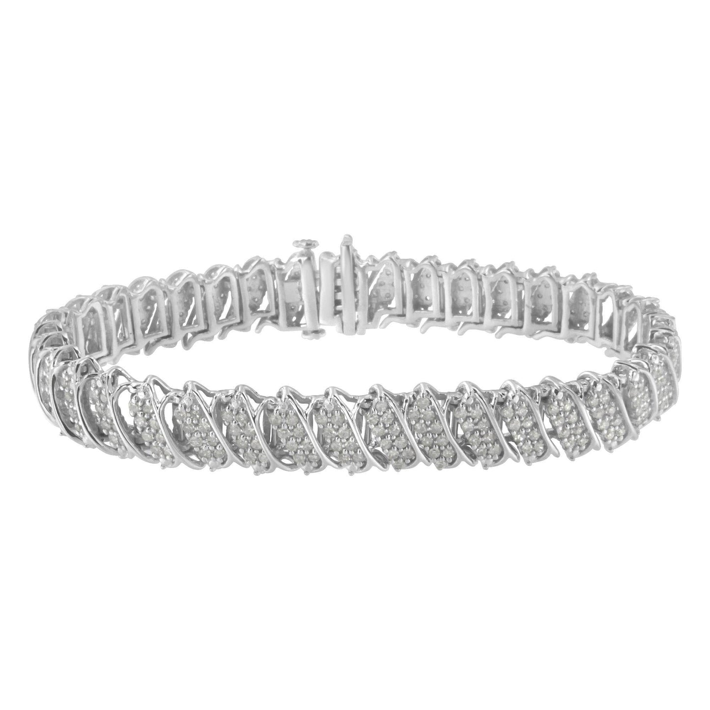 .925 Sterling Silver 3.0 Cttw Diamond Multi Row Cluster Slanted Wave Link 7-¼” Tennis Bracelet (I-J Color, I2-I3 Clarity) - Bijoux-NYC Direct
