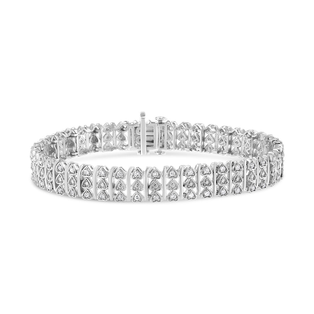 .925 Sterling Silver 1.00 Cttw Diamond Multi Row Heart Link Bracelet (H-I Color, I1-I2 Clarity) - 7.25" Inches - Bijoux-NYC Direct