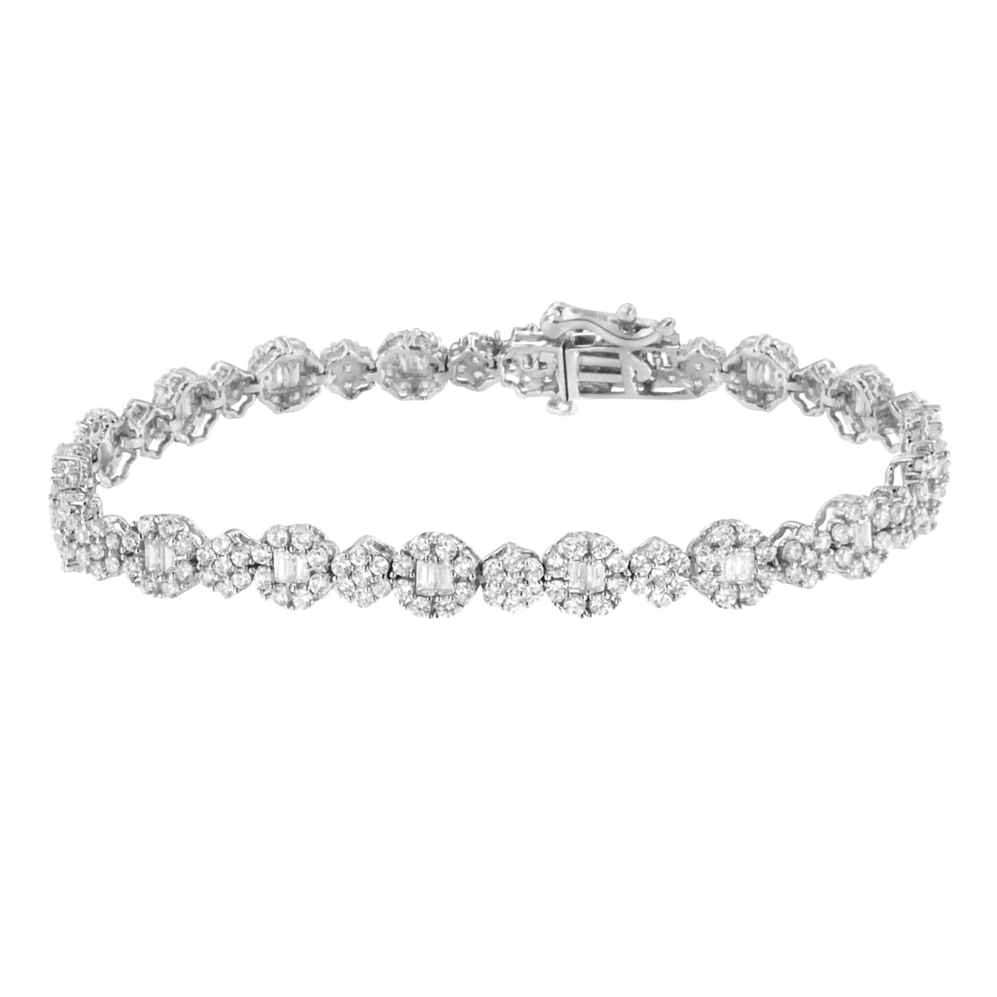 10K White Gold 4.0 cttw Brilliant Round-cut and Baguette Diamond Floral Cluster Link Bracelet (I-J Clarity, I1-I2 Color) - Size 7" - Bijoux-NYC Direct