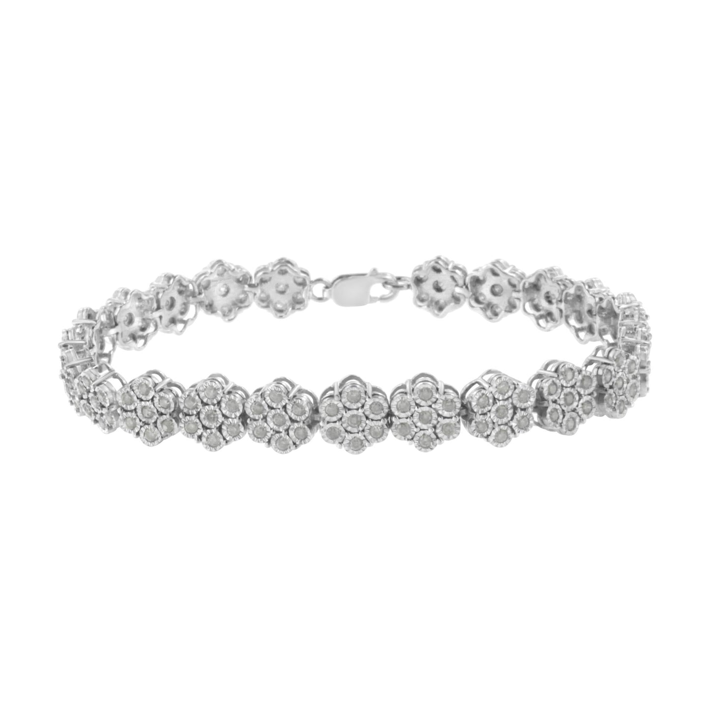 .925 Sterling Silver 2.0 cttw Diamond 7 Stone Floral Cluster Link Bracelet (I-J Color, I3 Clarity) -7.25" - Bijoux-NYC Direct