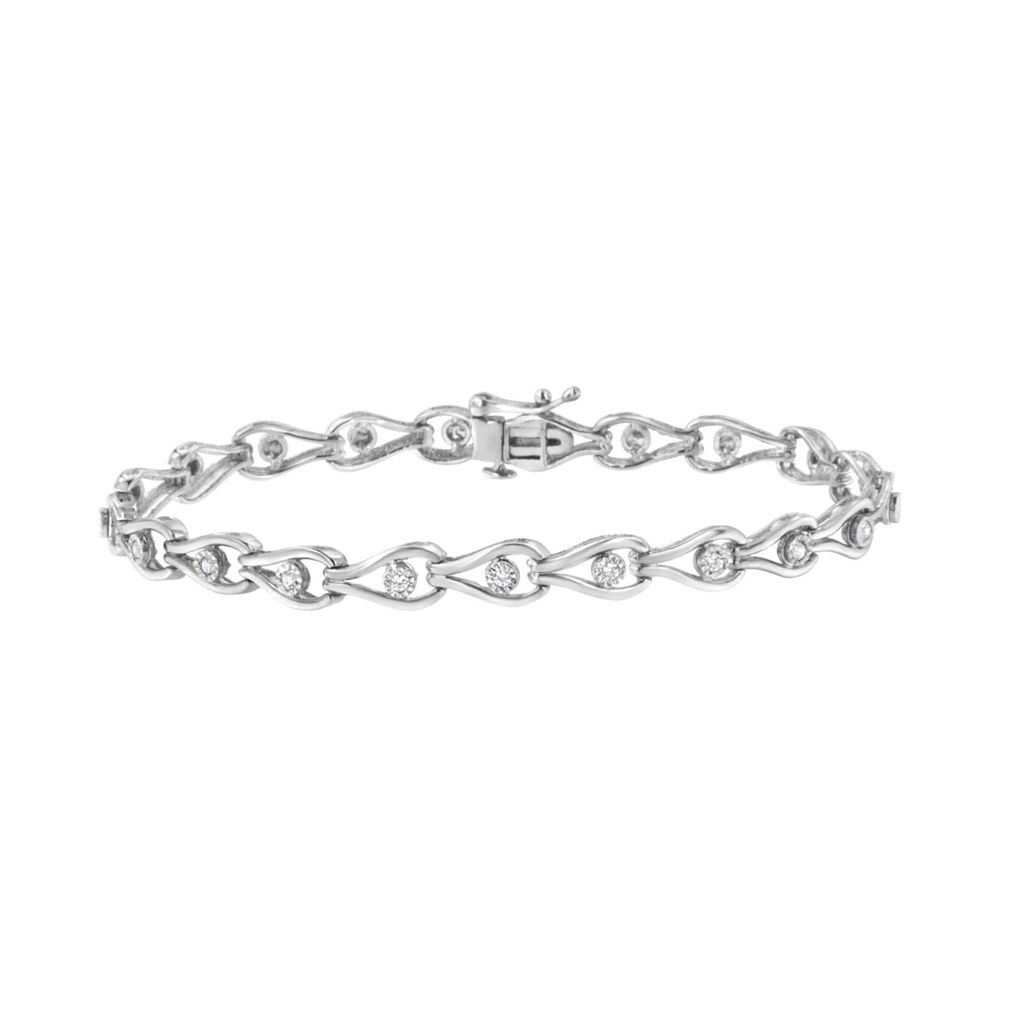 .925 Sterling Silver 1/10 Cttw Miracle-Set Diamond Pear Shape and Bezel Link Bracelet (I-J Color, I3 Clarity) - 7.25" - Bijoux-NYC Direct