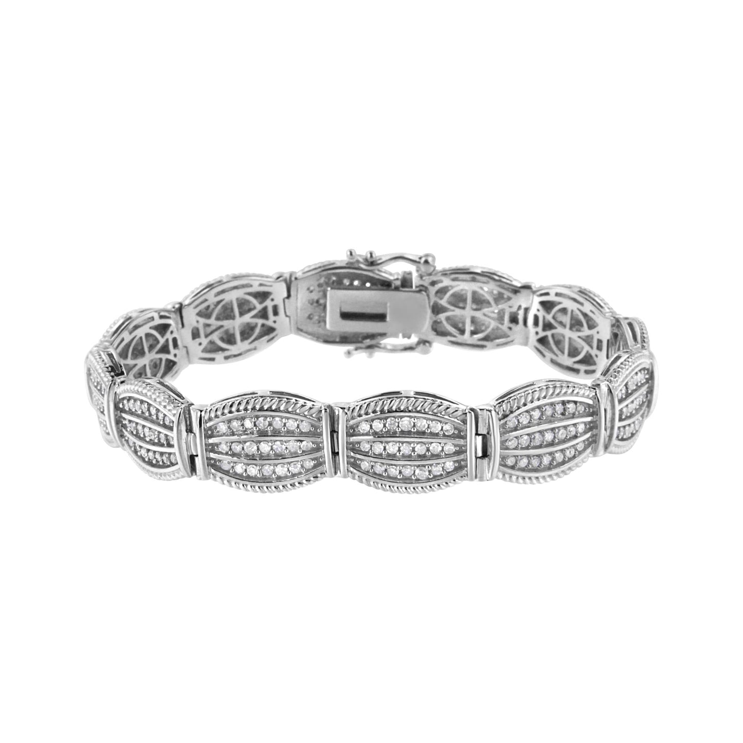 .925 Sterling Silver 3 cttw Diamond Art-Deco Style Link Bracelet (I-J, I2-I3) - Size 7.25" - Bijoux-NYC Direct