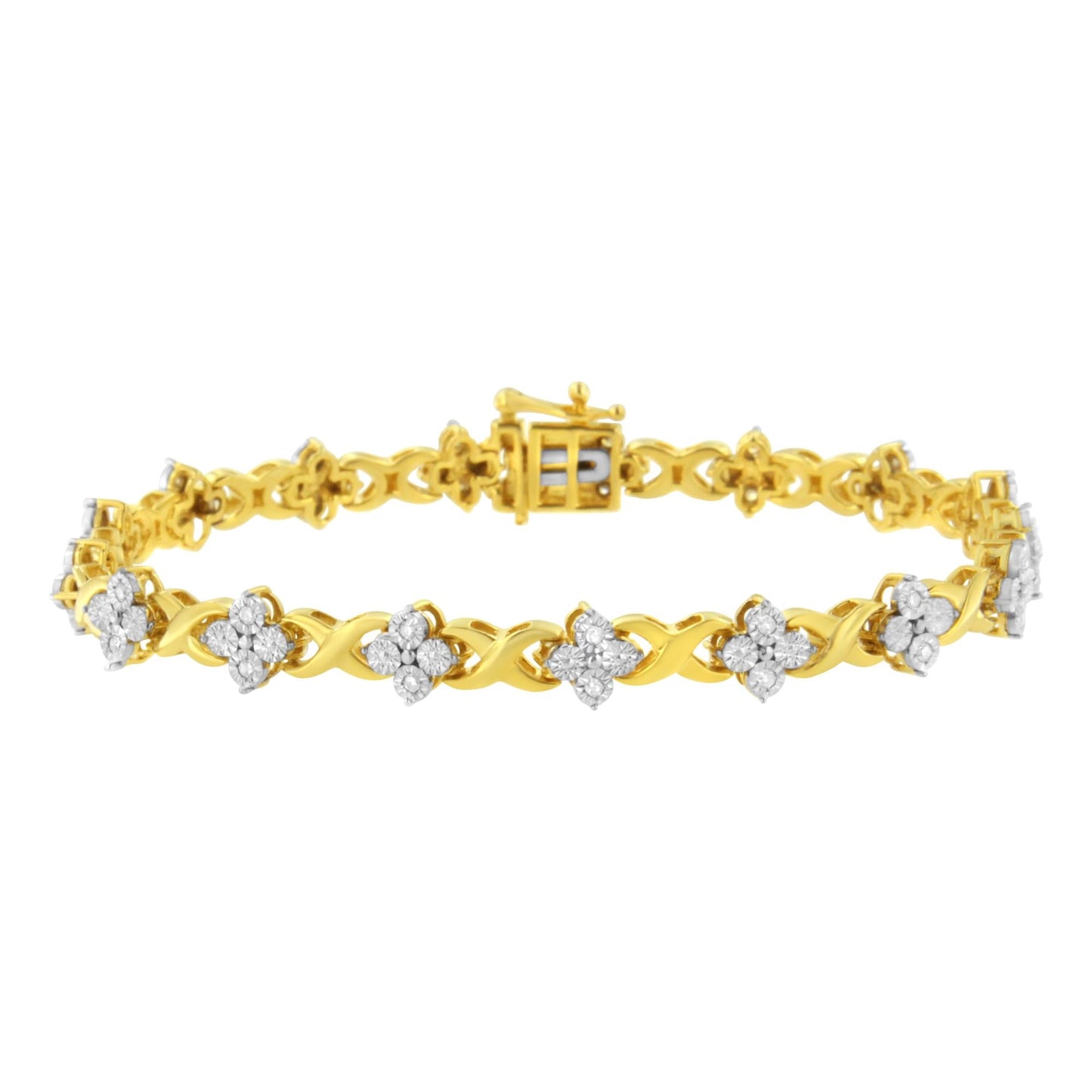 10K Yellow Gold Plated Sterling Silver 1/4 cttw Diamond 4 Leaf Clover Link Tennis Bracelet (I-J Color, I2-I3 Clarity) - Size 7.25" - Bijoux-NYC Direct