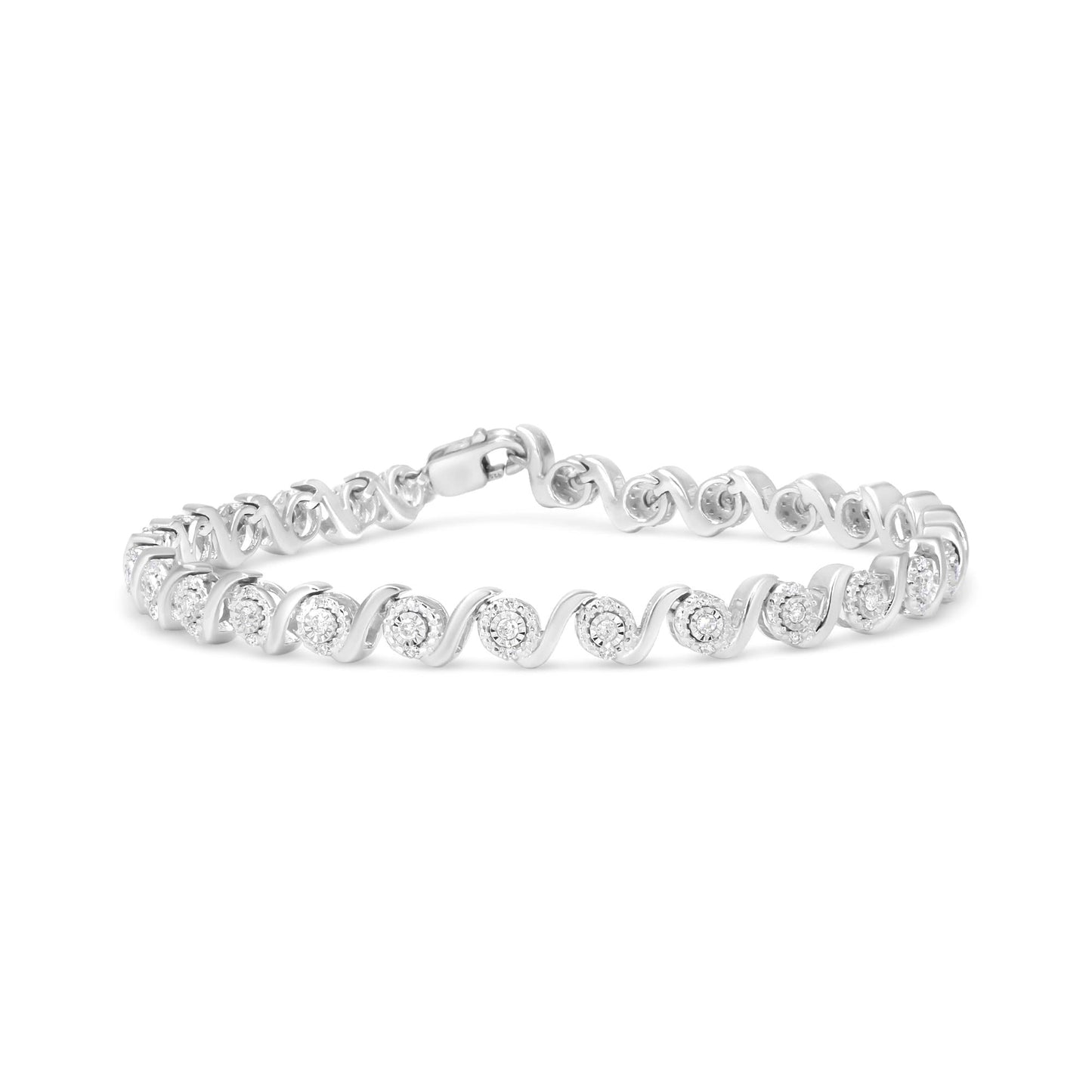 .925 Sterling Silver 1/2 Cttw Round Diamond Halo S-Link Bracelet (I-J Color, I2-I3 Clarity) - 7.25" - Bijoux-NYC Direct