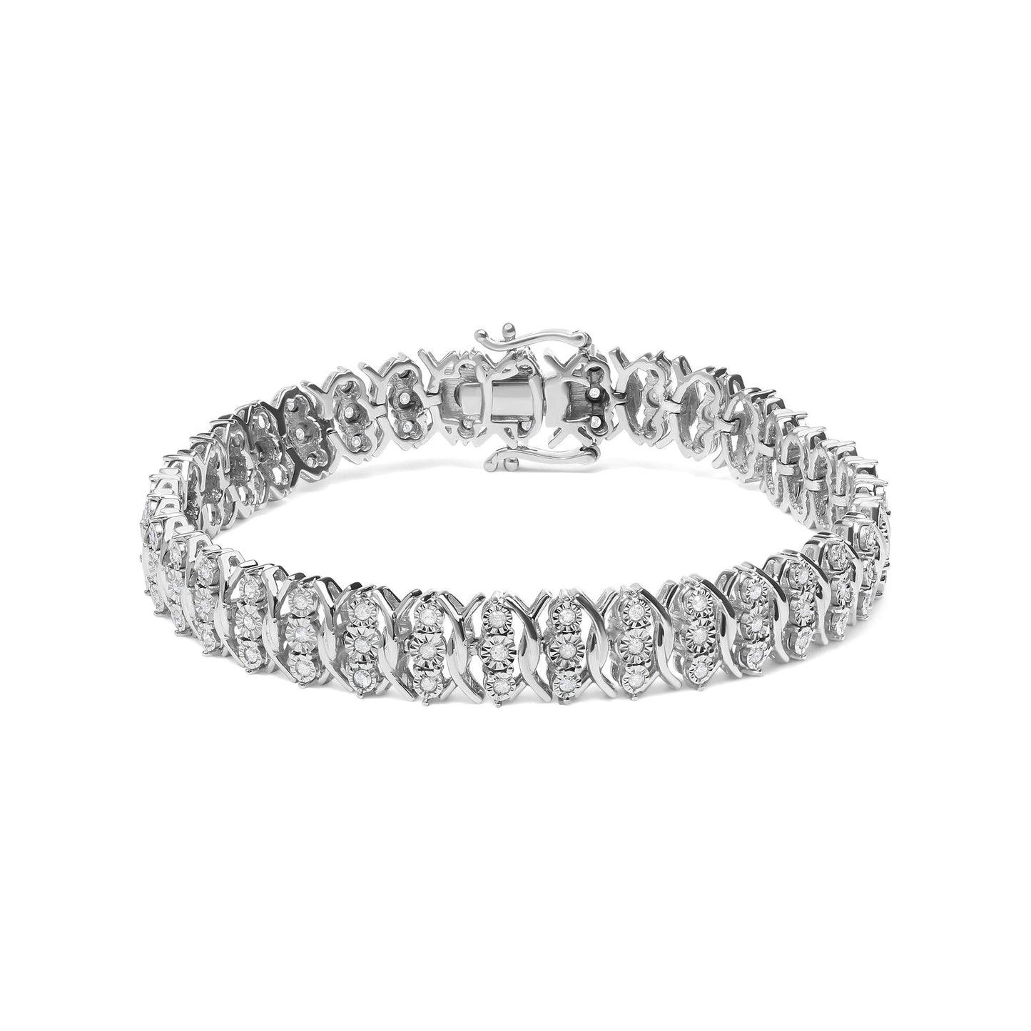 .925 Sterling Silver 1.0 Cttw Miracle Set Diamond 3 Row Wave Link Bracelet (I-J Color, I2-I3 Clarity) - 7.25" Inches - Bijoux-NYC Direct