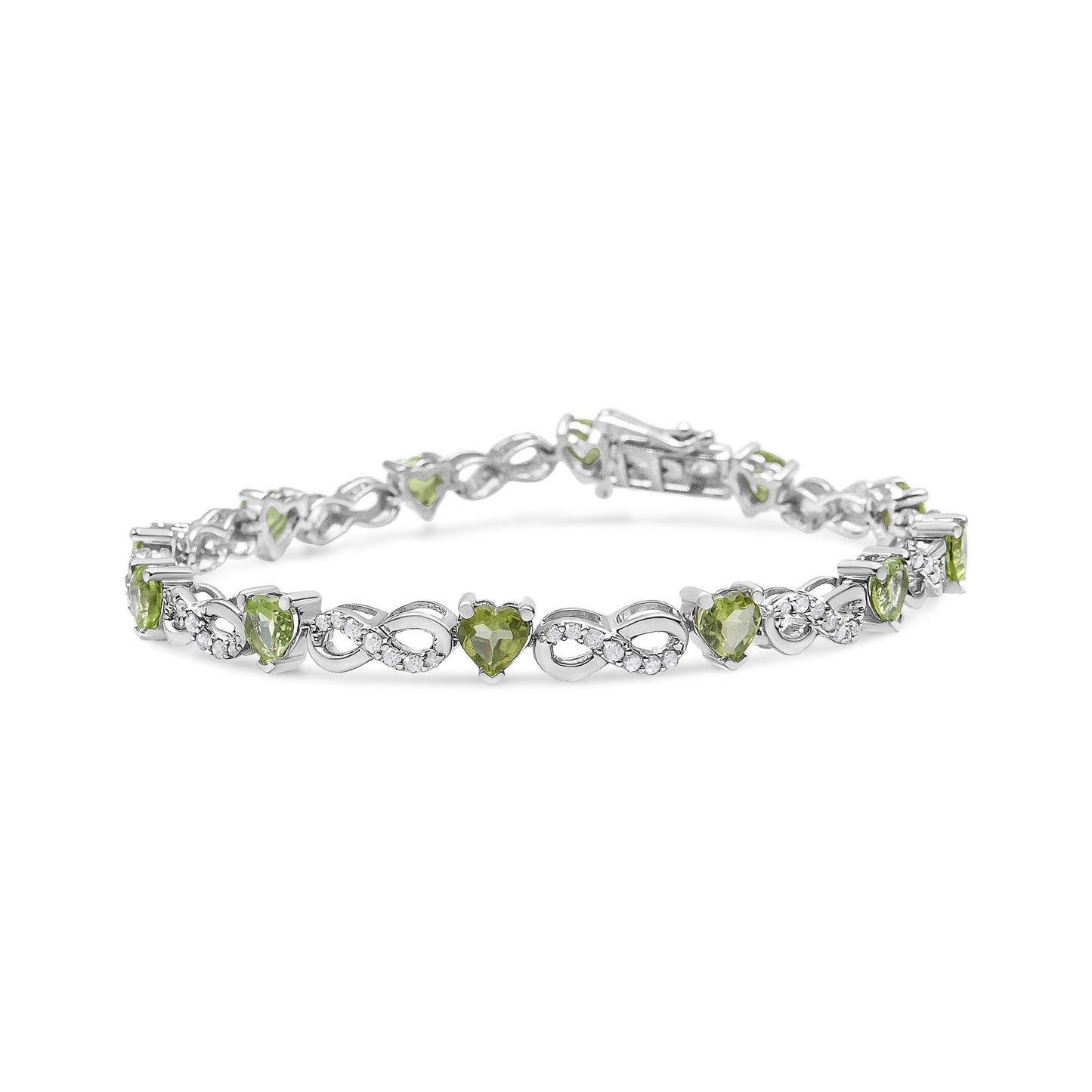 .925 Sterling Silver 1.00 Cttw Diamond and 4.00mm Lab Created Green Heart-Shaped Peridot Infinity Link Bracelet (I-J Color, I2-I3 Clarity) - 7.25" - Bijoux-NYC Direct