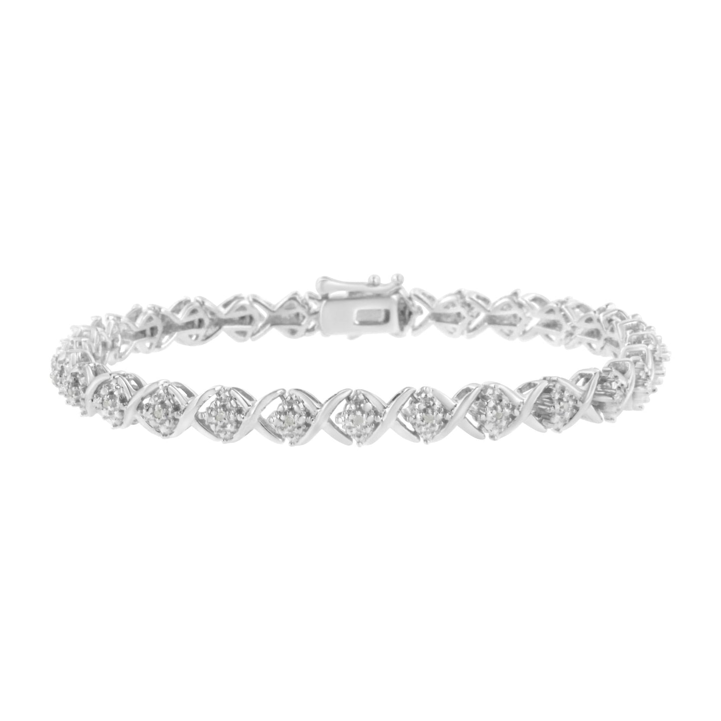 .925 Sterling Silver Round-Cut Diamond Accent Floral Cluster and "X" Link Bracelet (I-J Color, I3 Clarity) - 7.25" - Bijoux-NYC Direct