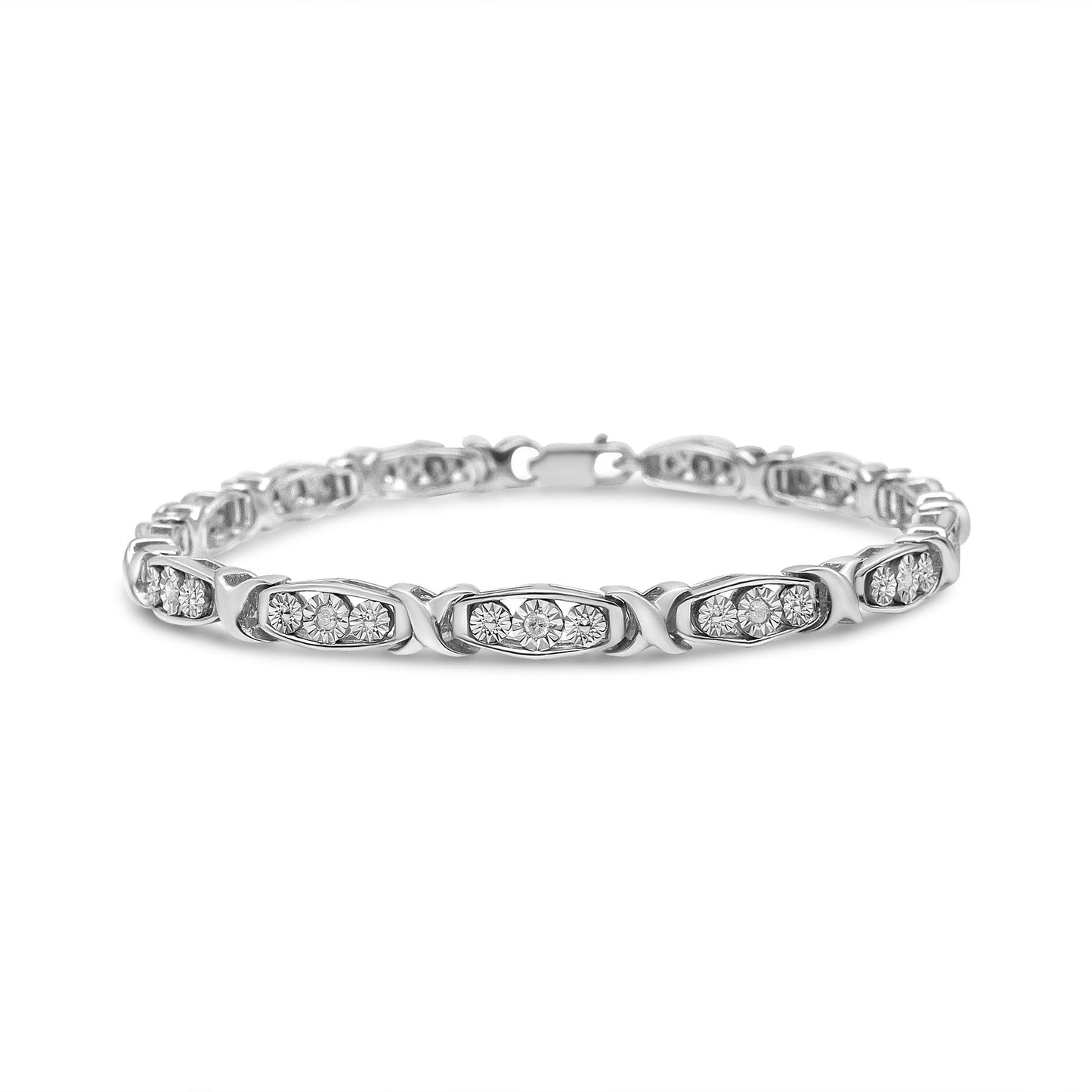 .925 Sterling Silver 1/10 Cttw Diamond Miracle Set 3 Stone Link Bracelet (I-J Color, I2-I3 Quality) - 7.25" Inches - Bijoux-NYC Direct
