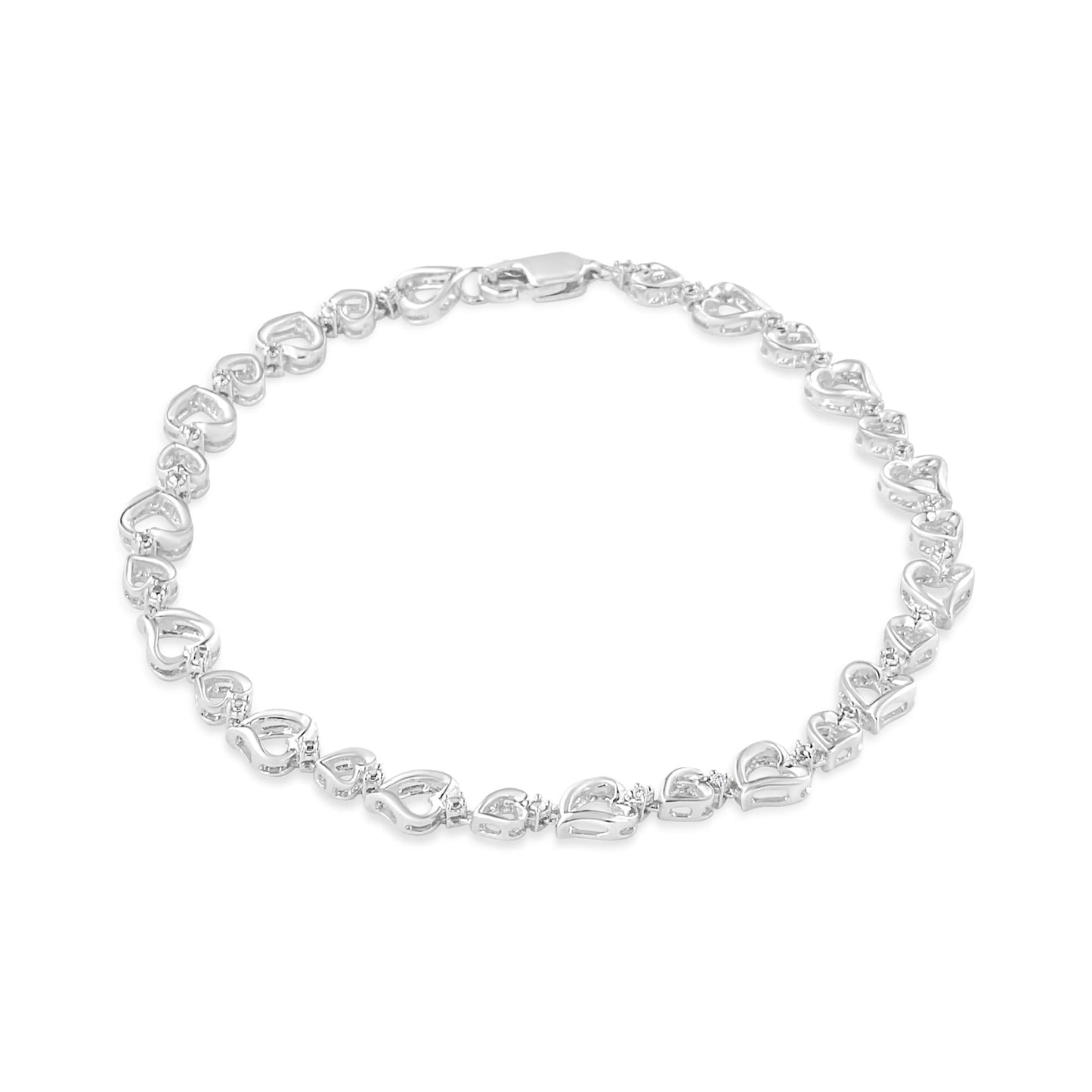 .925 Sterling Silver Prong Set Diamond Accent Alternating Heart Link Bracelet (I-J Color, I3 Clarity) - 7.25" Inches - Bijoux-NYC Direct