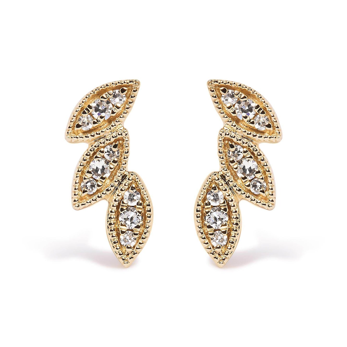 10K Yellow Gold 1/10 Cttw Diamond Triple Leaf Stud Earring (H-I Color, I1-I2 Clarity) - Bijoux-NYC Direct