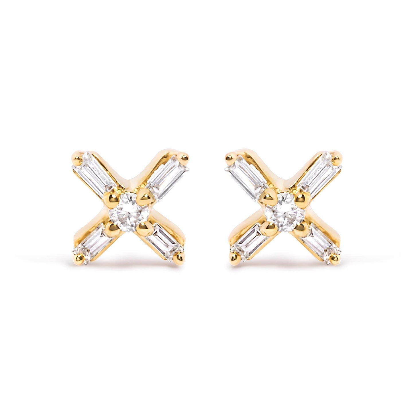 10K Yellow Gold 1/10 Cttw Round and Baguette Diamond Criss Cross X Stud Earring (H-I Color, I1-I2 Clarity) - Bijoux-NYC Direct