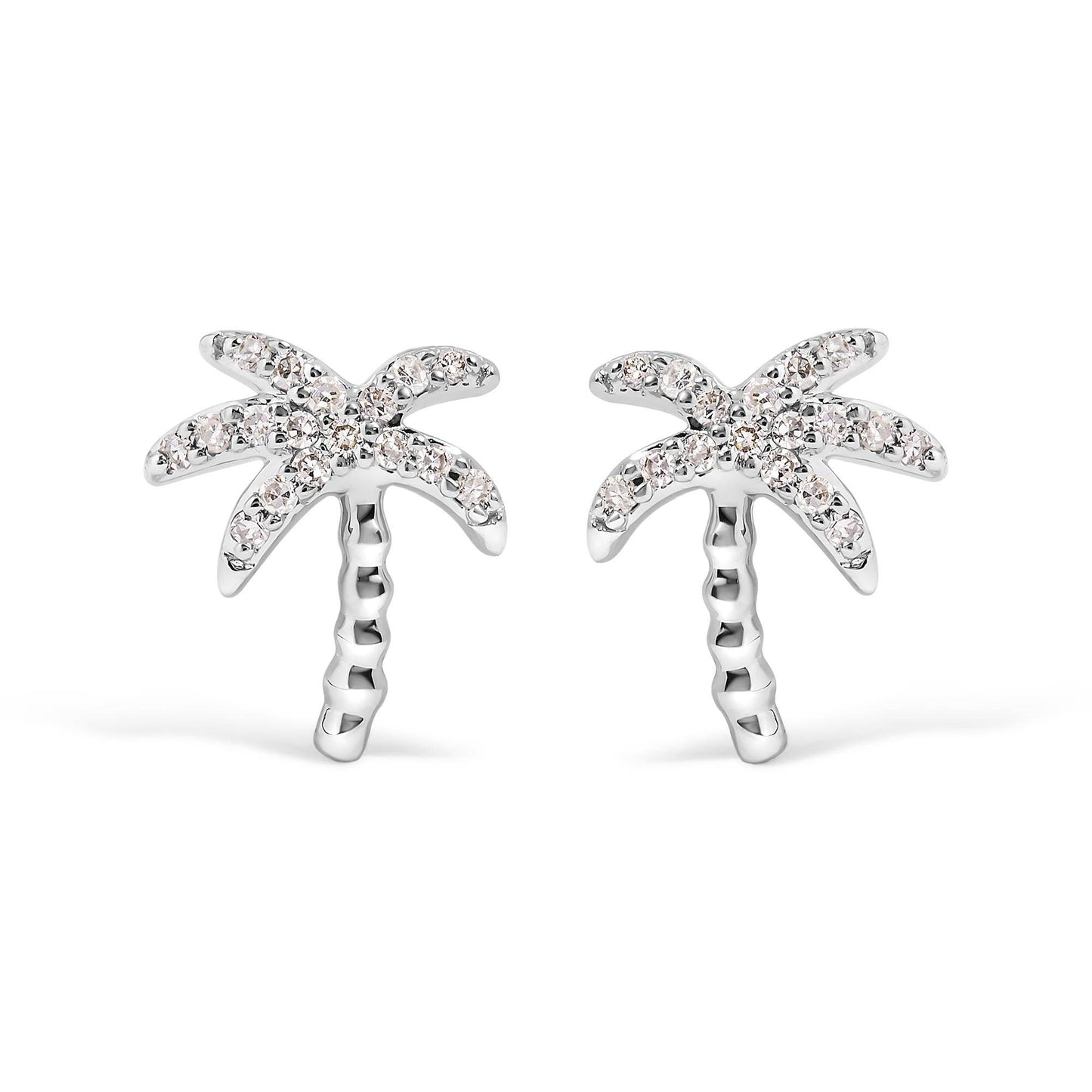 10K White Gold 1/10 Cttw Diamond Encrusted Palm Tree Stud Earrings (H-I Color, I1-I2 Clarity) - Bijoux-NYC Direct