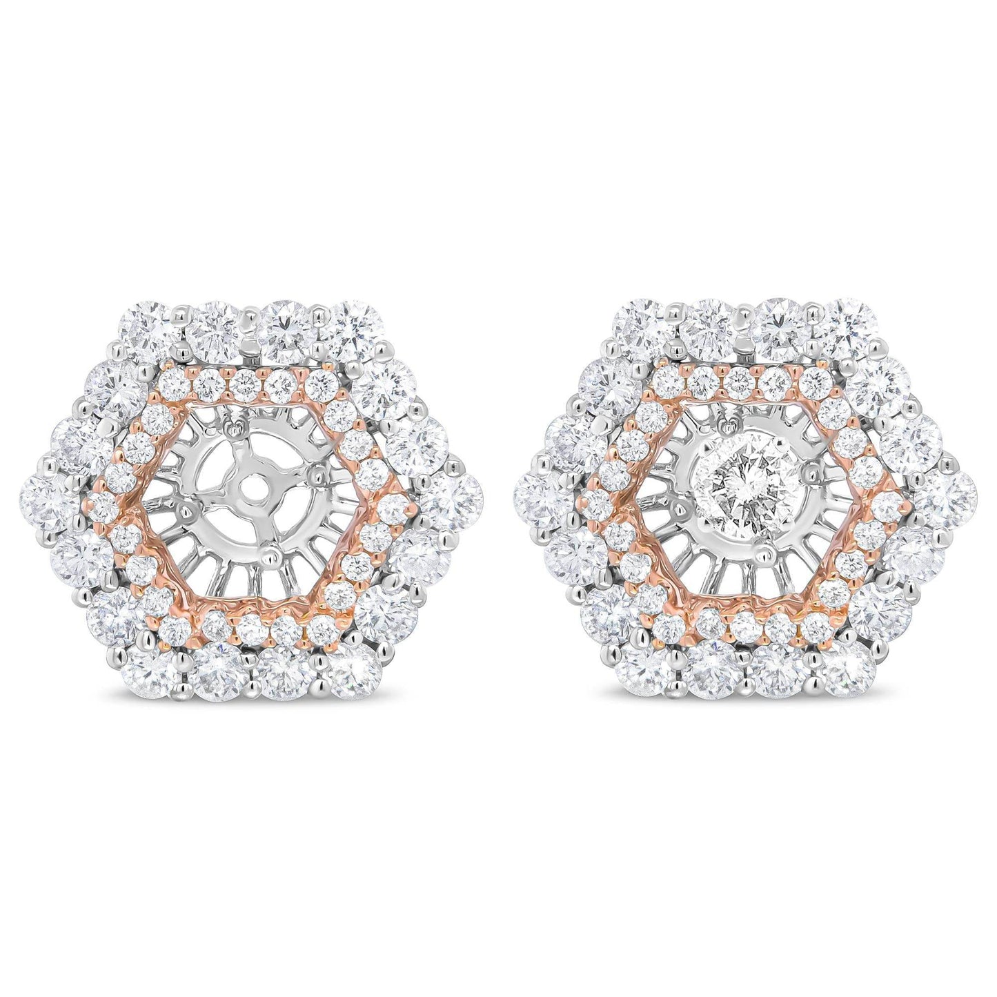14K Rose and White Gold 1 7/8 Cttw Round Diamond Double Halo Earring Jacket for 6mm Round Studs (G-H Color, VS2-SI1 Clarity) - Bijoux-NYC Direct