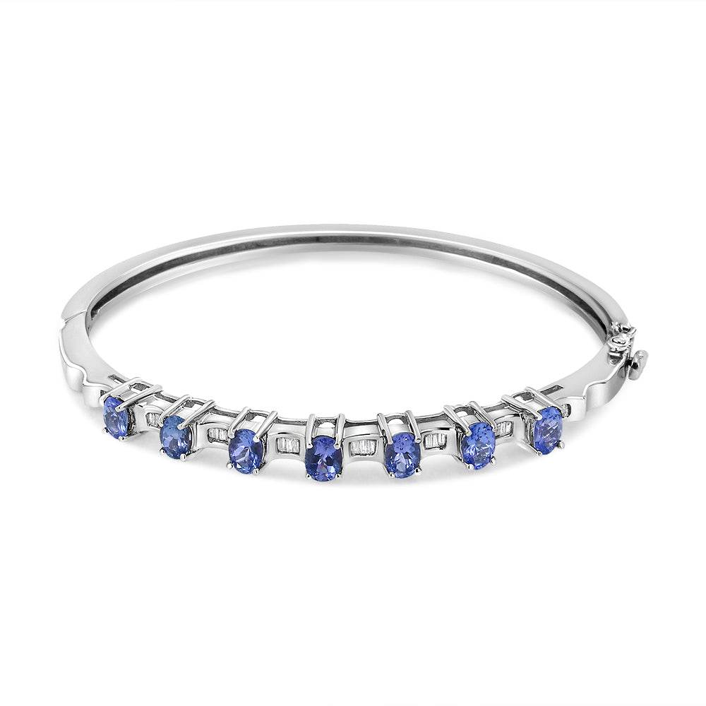 14K White Gold 5 MM Oval Blue Tanzanite and 1/4 Cttw Diamond Bangle (H-I Color, VS2-SI1 Clarity) - Fits wrists up to 7 1/2 Inches - Bijoux-NYC Direct