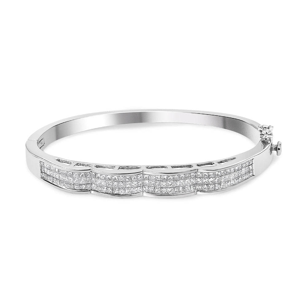 14K White Gold 3 1/3 Cttw Invisible Set Princess-Cut Diamond Wave Bangle Bracelet (H-I Color, SI1-SI2 Clarity) - Size 7" - Bijoux-NYC Direct