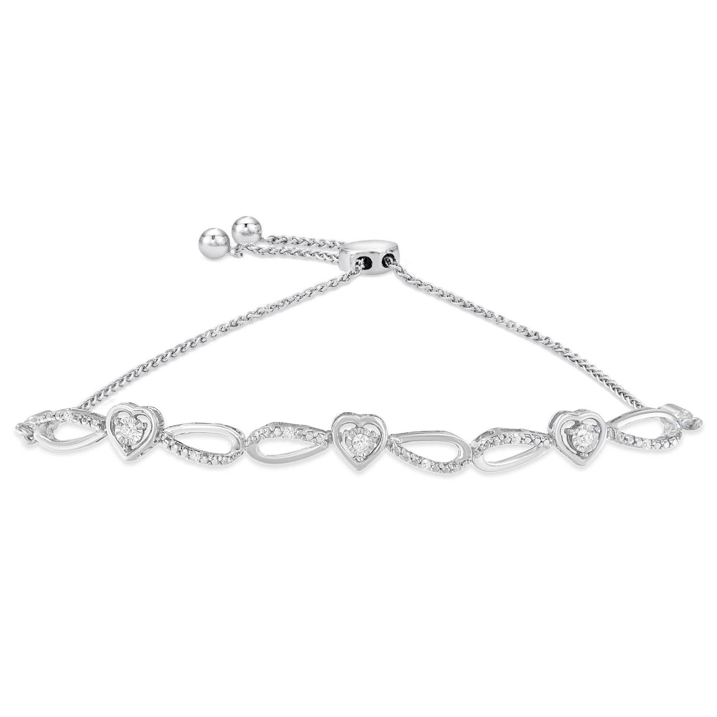 .925 Sterling Silver 1/10 Cttw Diamond Triple Heart-in-Infinity Bolo Style Adjustable Bracelet (H-I Color, I2-I3 Clarity) - Bijoux-NYC Direct