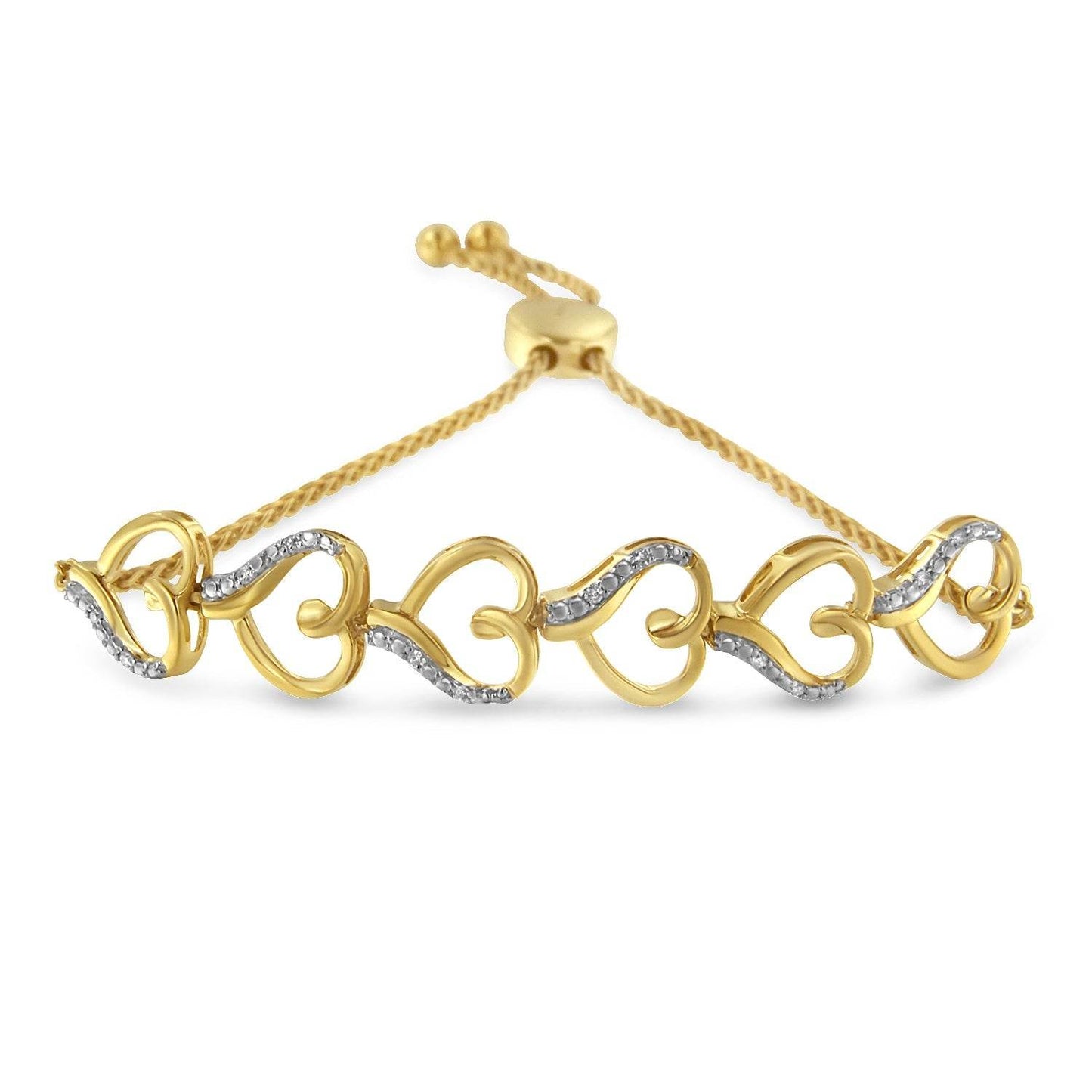 10K Yellow Gold over .925 Sterling Silver Diamond Accented Open Hearts 6”-9” Adjustable Chain Bolo Bracelet (H-I Color, I2-I3 Clarity) - Bijoux-NYC Direct