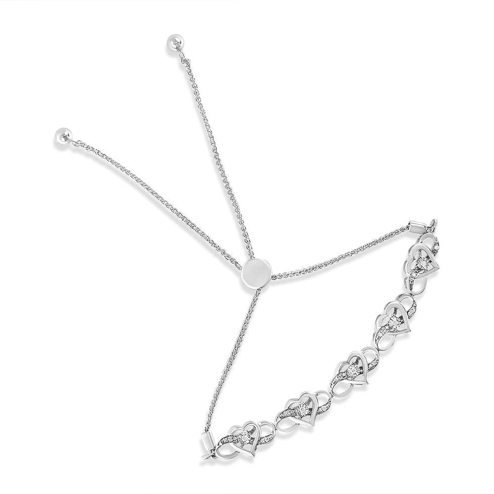 .925 Sterling Silver Miracle Set Diamond Accented Infinity Hearts 6”-9” Adjustable Bolo Bracelet (H-I Color, I2-I3 Clarity) - Bijoux-NYC Direct